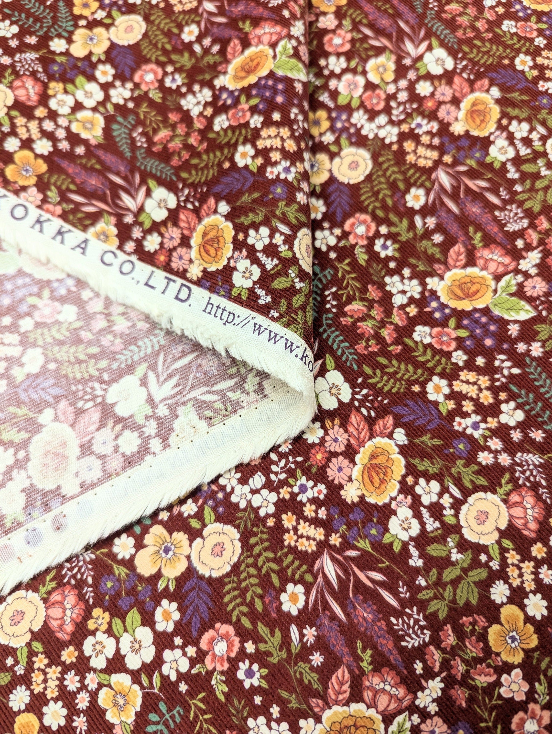 Blooming Flowers Japanese cotton needle cord corduroy fabric Kokka NFA-67610-611 B red