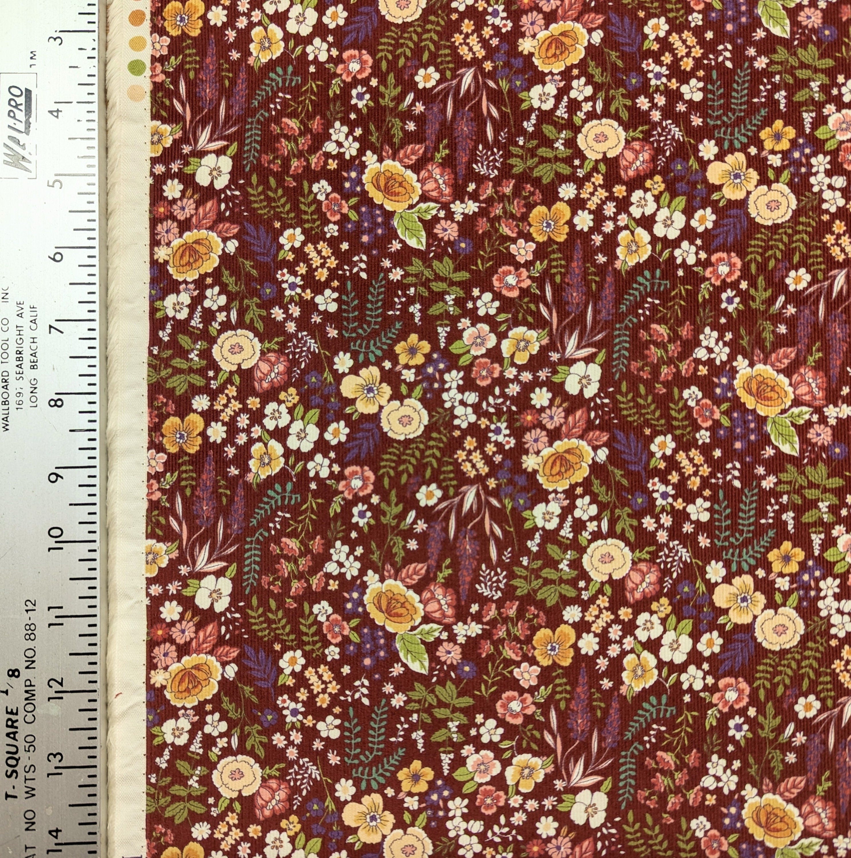 Blooming Flowers Japanese cotton needle cord corduroy fabric Kokka NFA-67610-611 B red