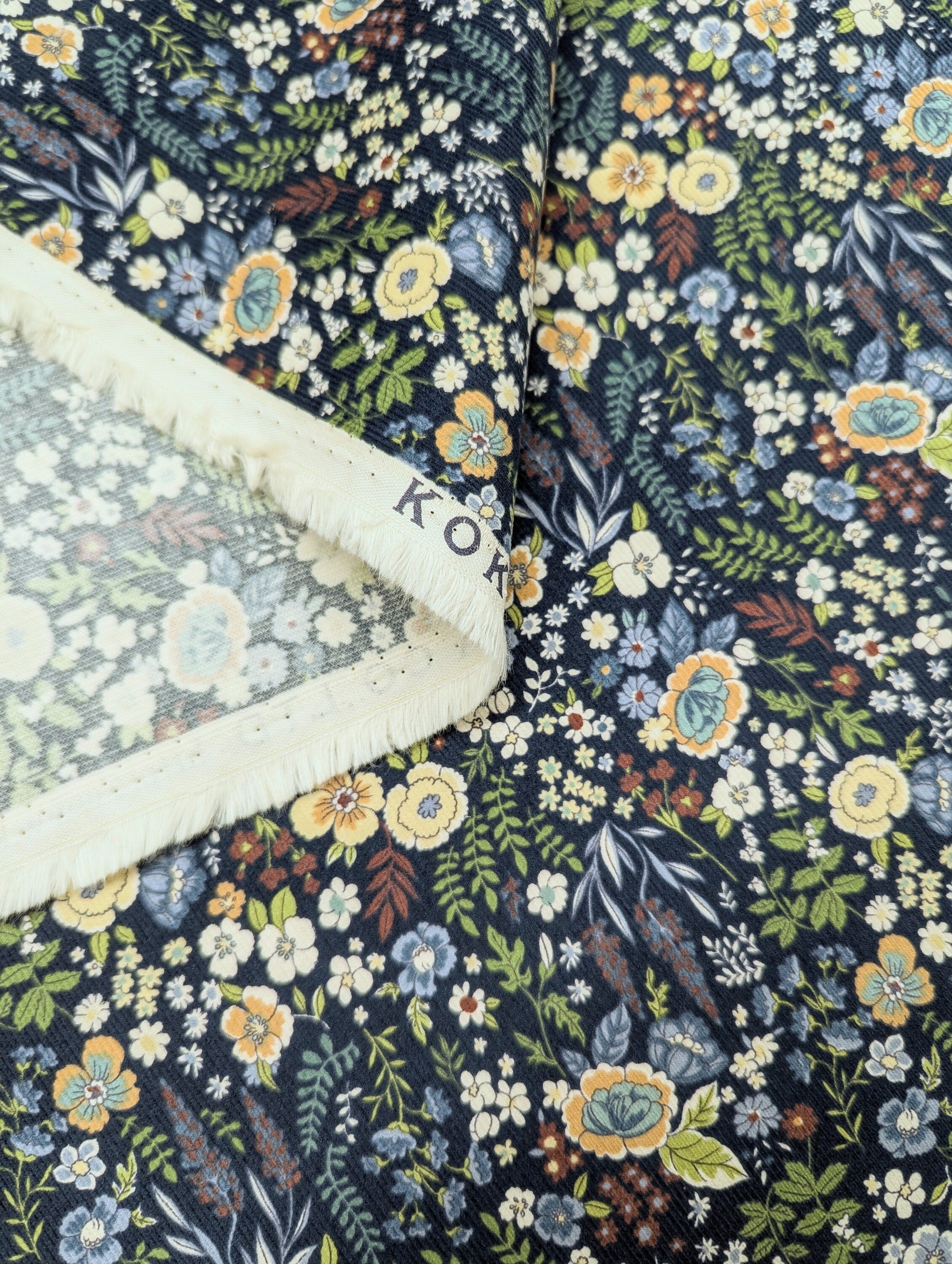 Kokka - Blooming Flowers Cotton Needlecord Corduroy - Blue