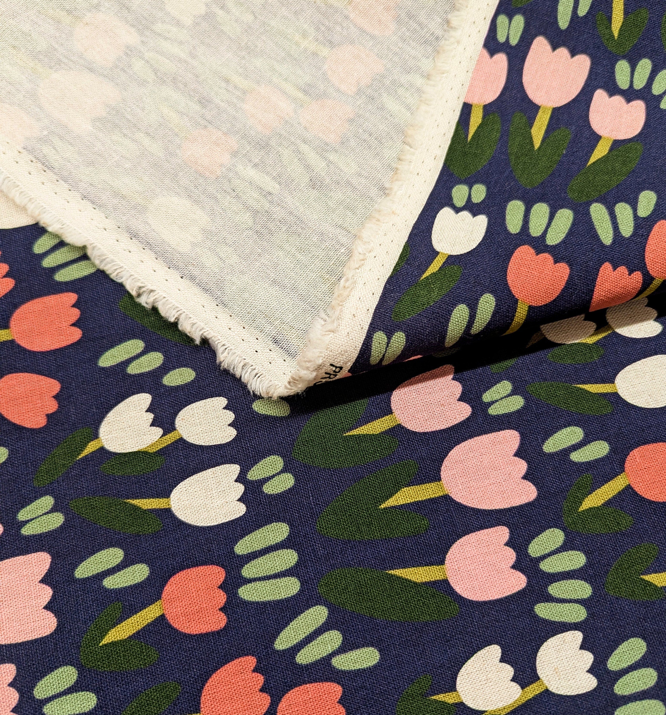 Tulip Fields Kobayashi Japanese cotton linen canvas fabric KTS-6943-D pink, white & navy