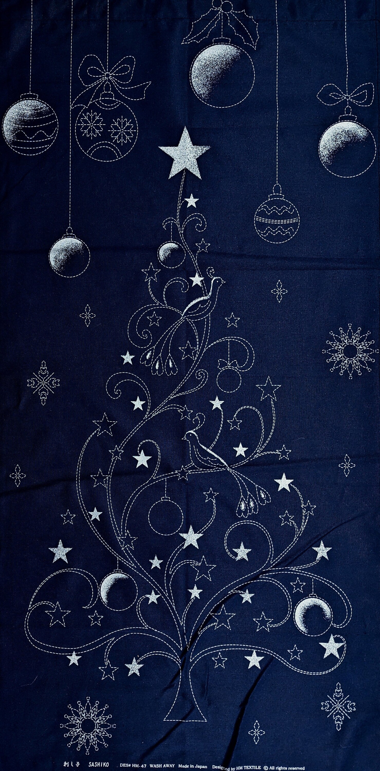 Orimono Imports - Christmas Vine Sashiko Washout Fabric Panel - Navy/White/Green/Red