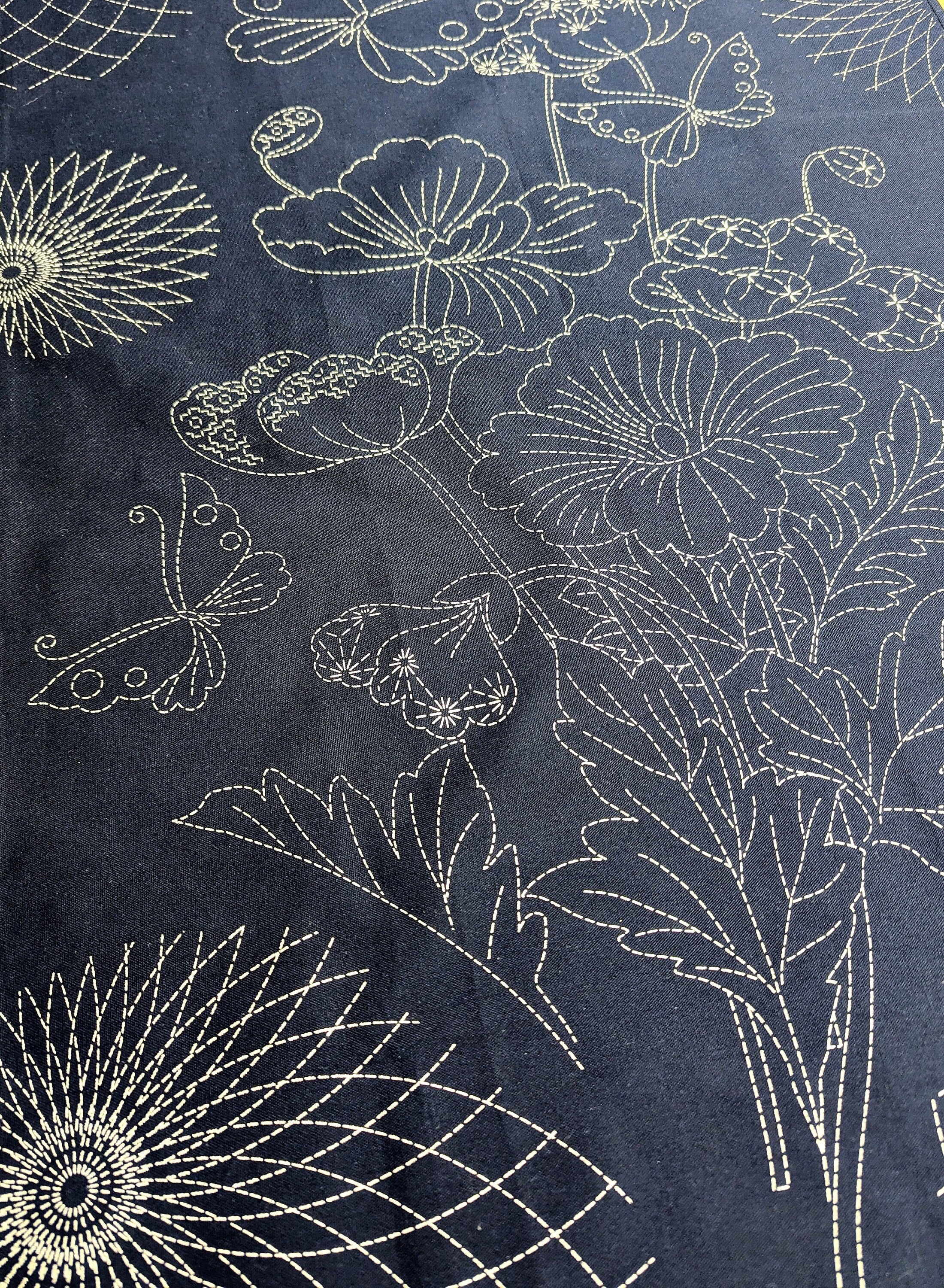 Orimono Imports - Butterflies and Flowers Sashiko Washout Fabric Panel - Navy