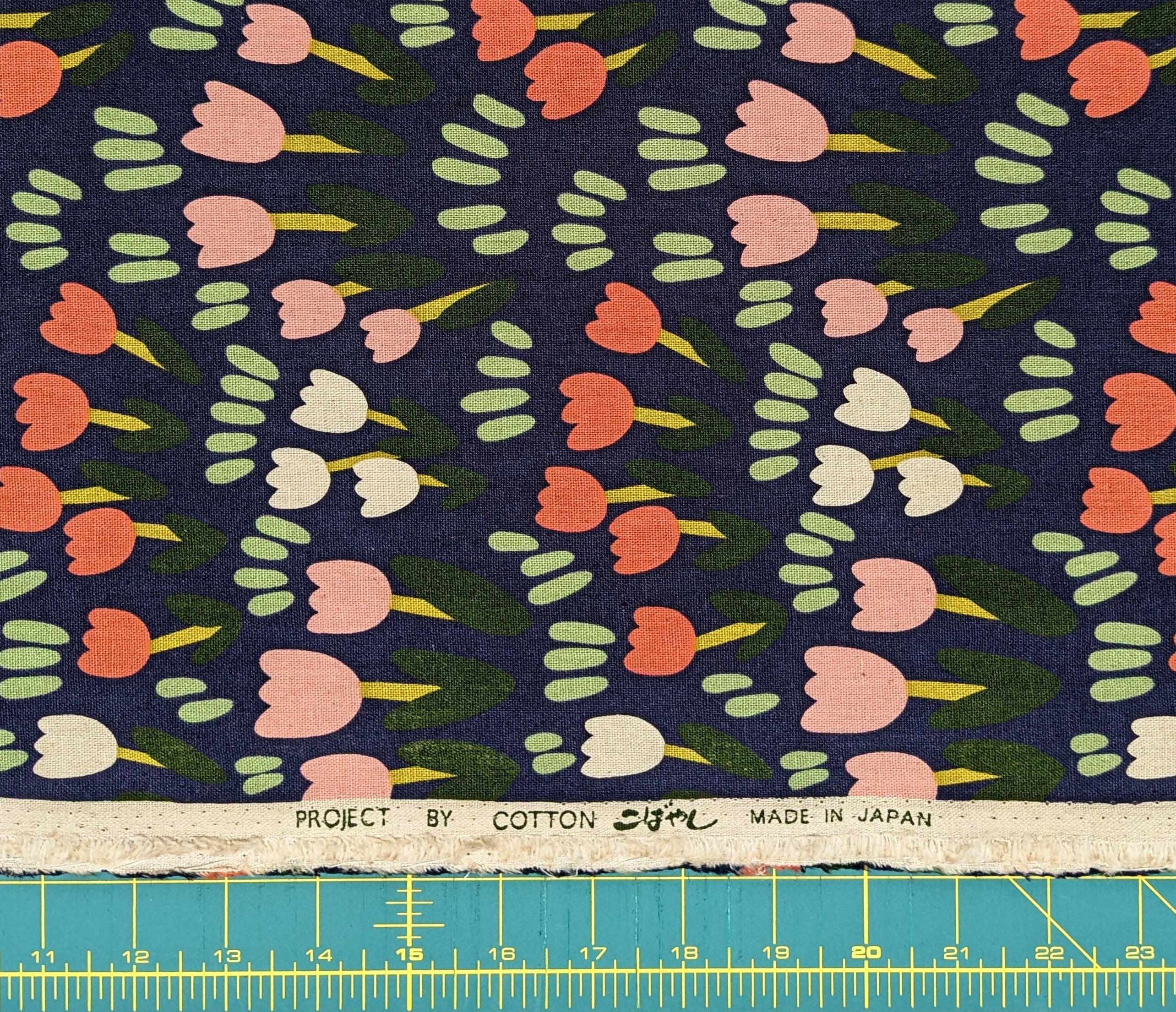 Tulip Fields Kobayashi Japanese cotton linen canvas fabric KTS-6943-D pink, white & navy