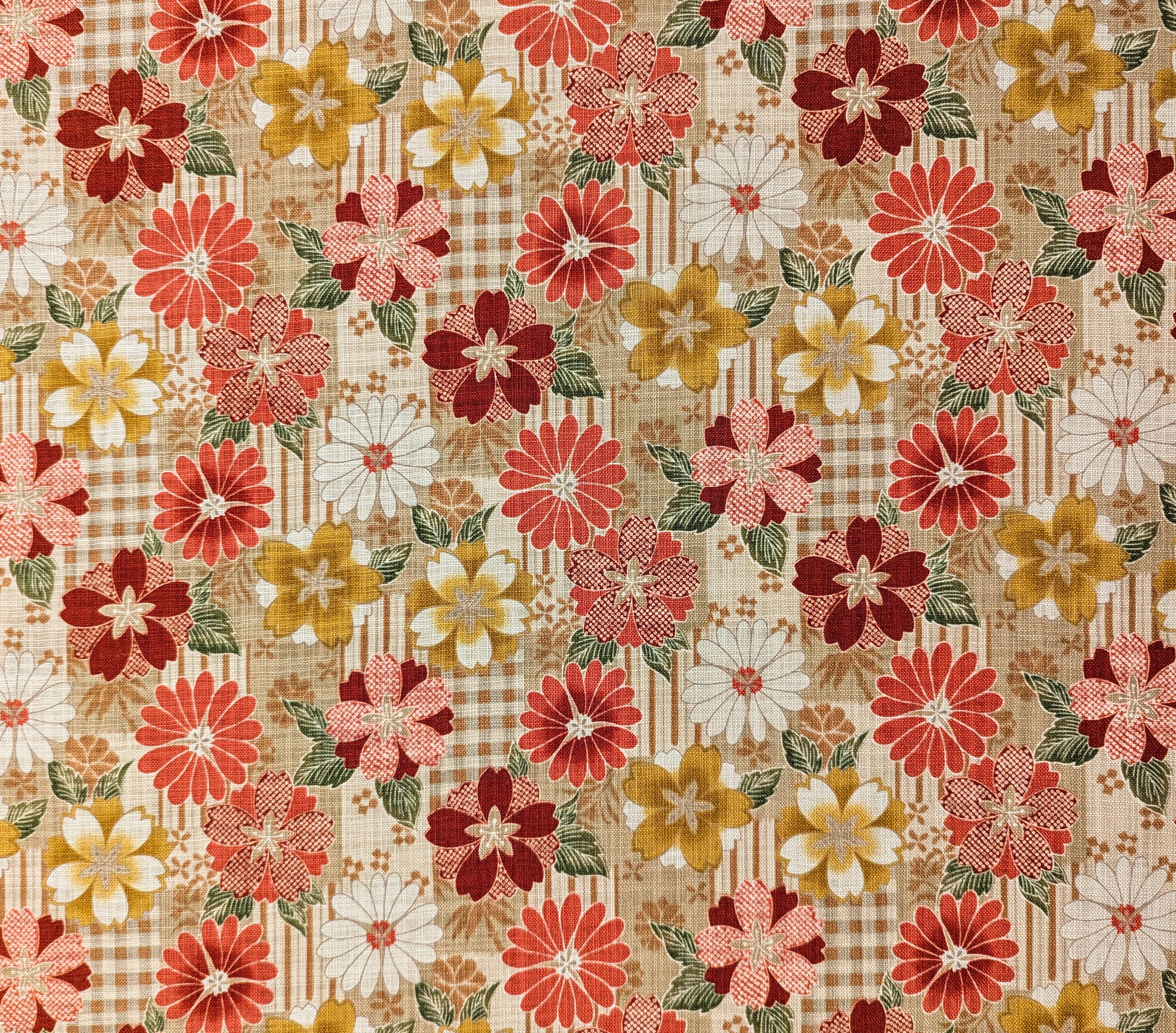 Sevenberry Rustic Checkerboard Flowers Japanese cotton fabric 83057-1-3 red & beige