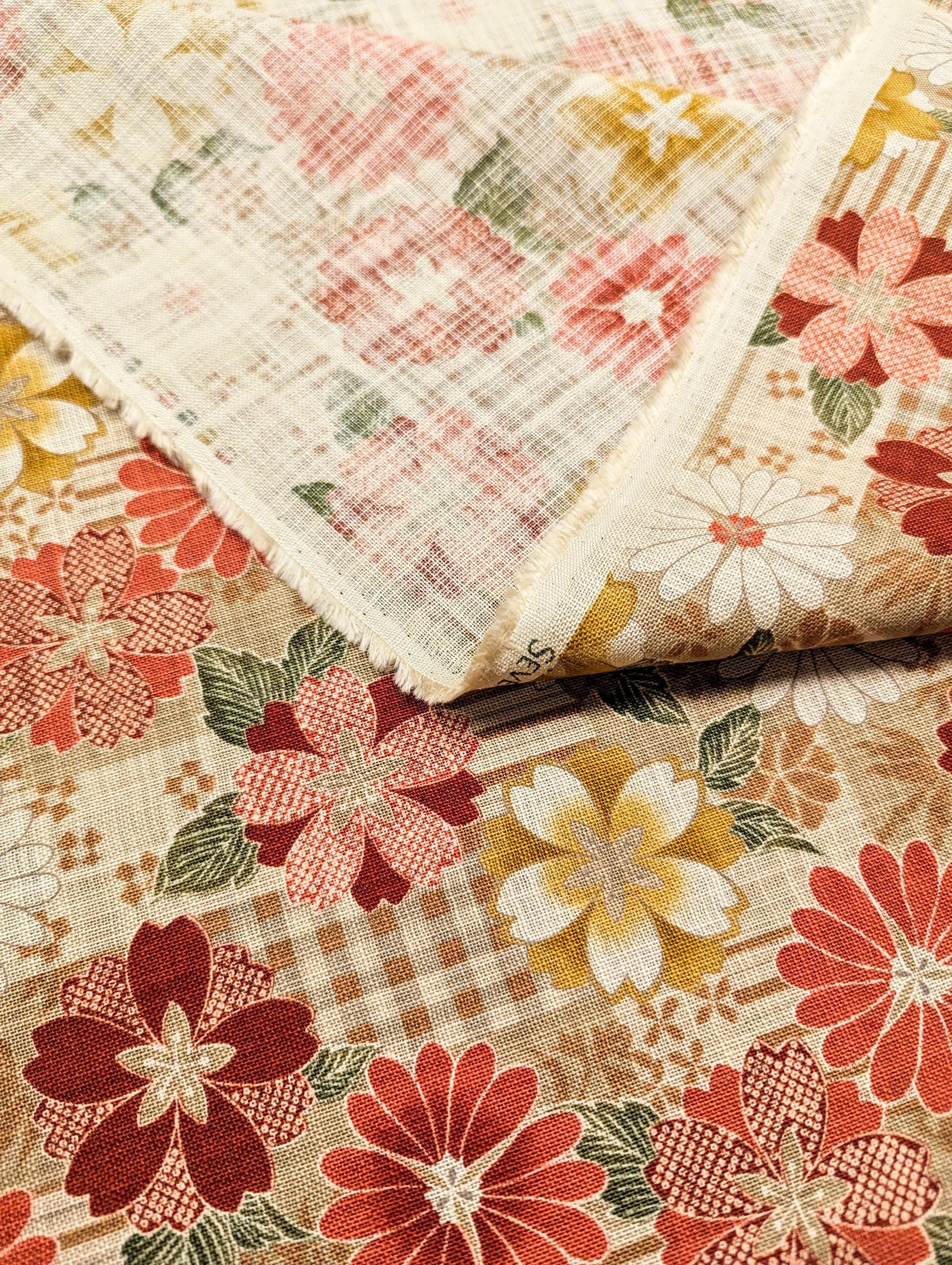 Sevenberry Rustic Checkerboard Flowers Japanese cotton fabric 83057-1-3 red & beige