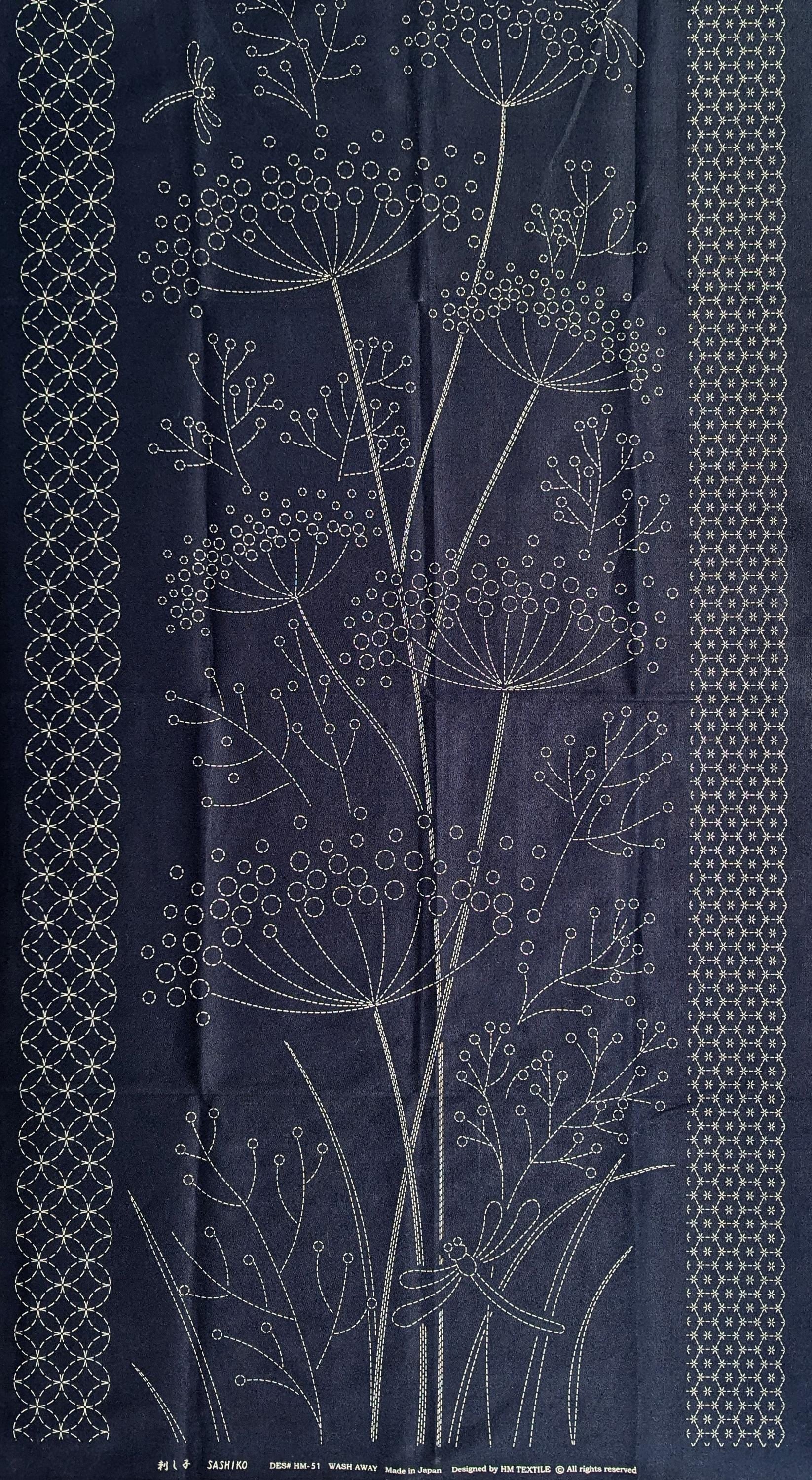 Orimono Imports - Dragonflies and Fennel Sashiko Washout Fabric Panel - Navy