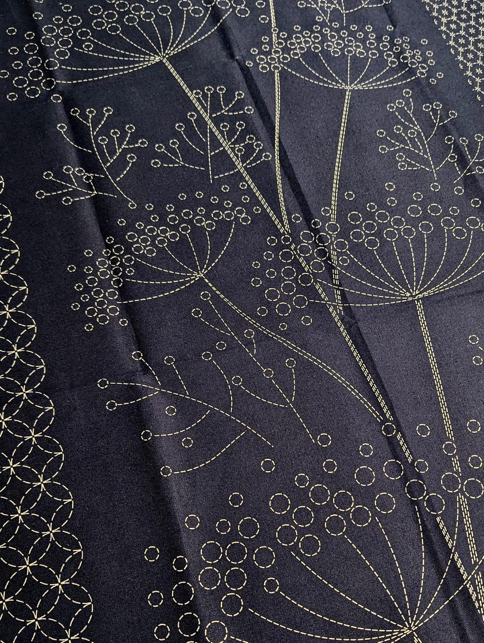 Orimono Imports - Dragonflies and Fennel Sashiko Washout Fabric Panel - Navy