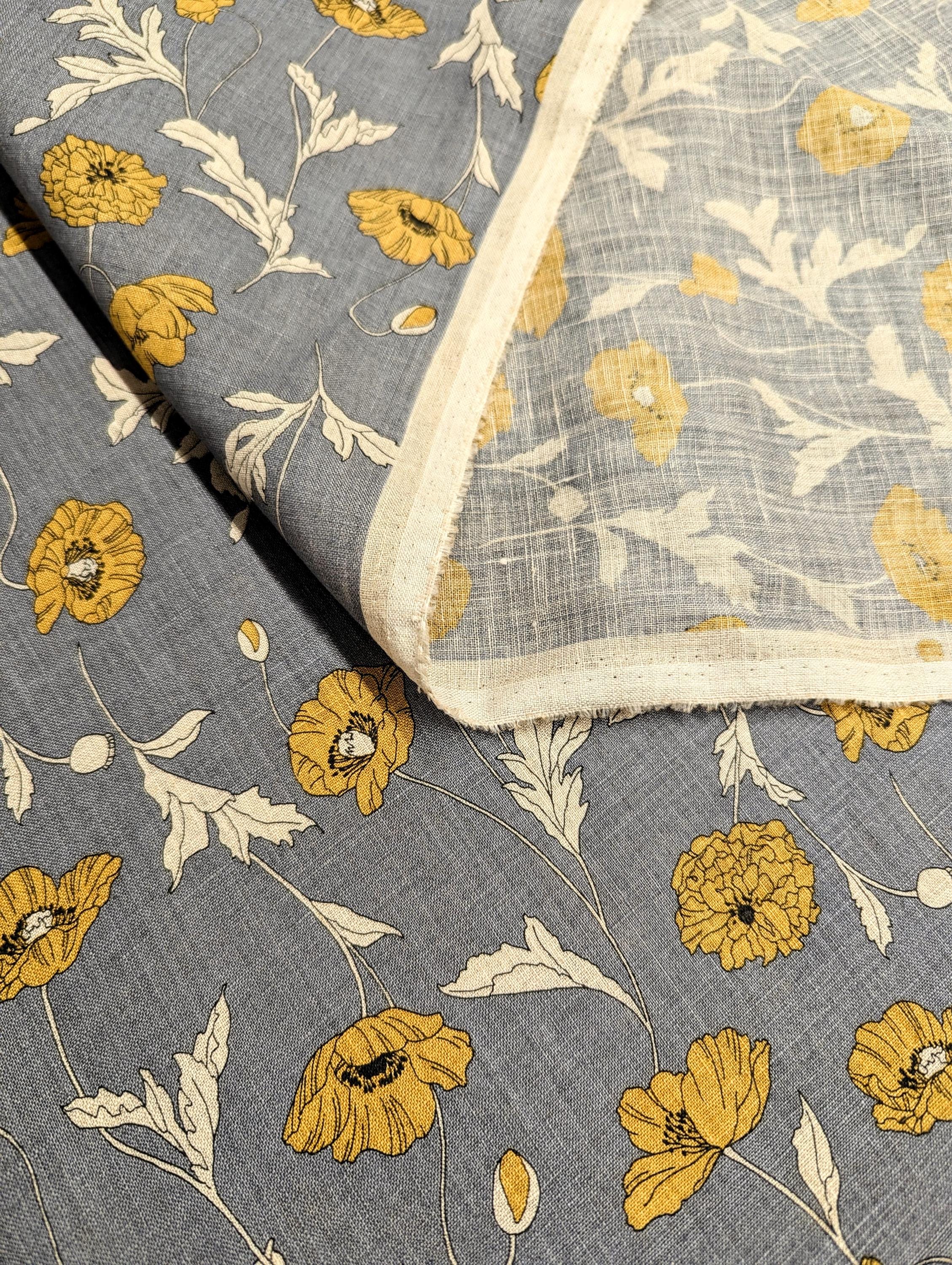 Summer Poppies Japanese linen fabric 7023-1710-2B gray and yellow