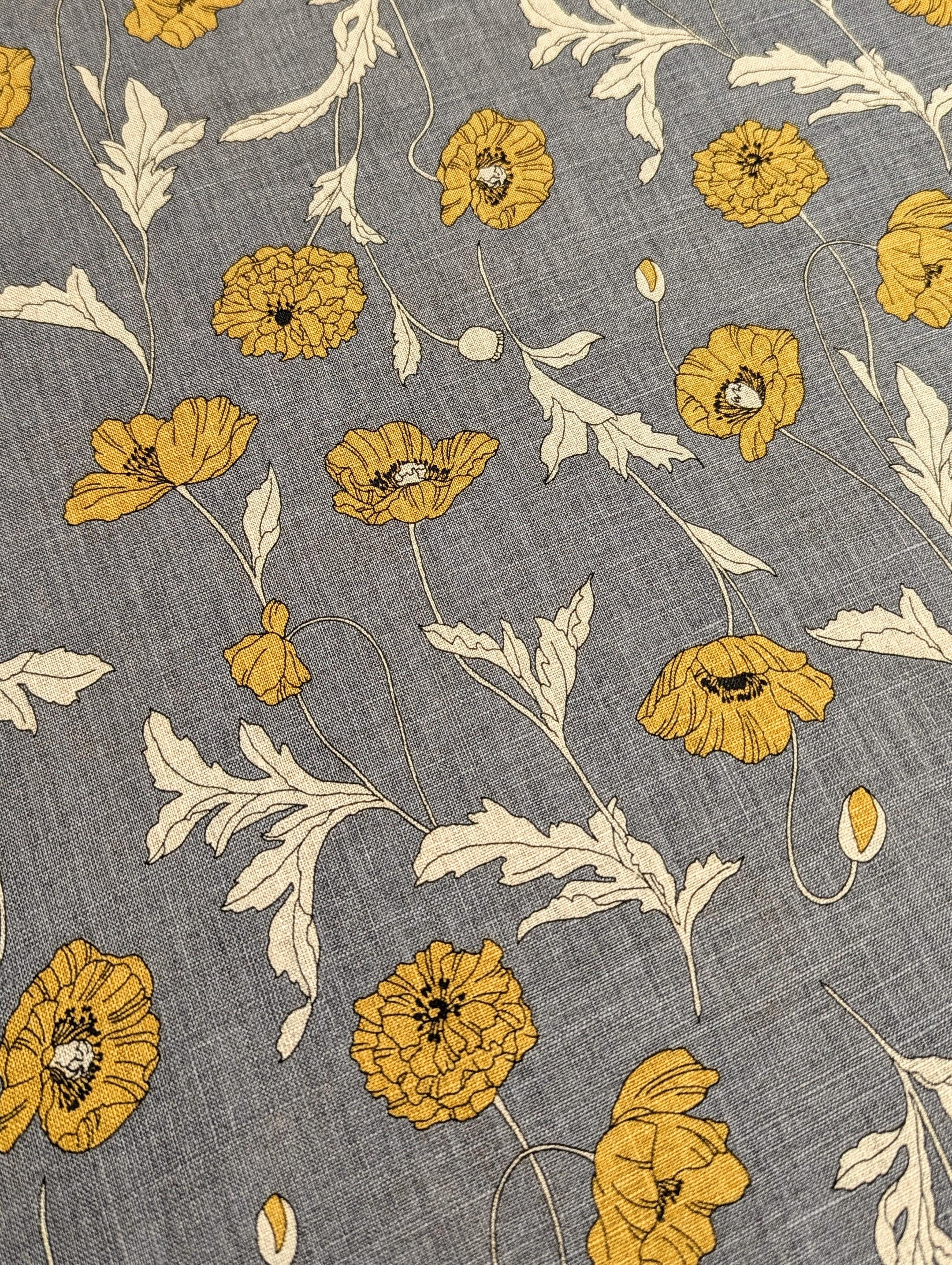 Summer Poppies Japanese linen fabric 7023-1710-2B gray and yellow