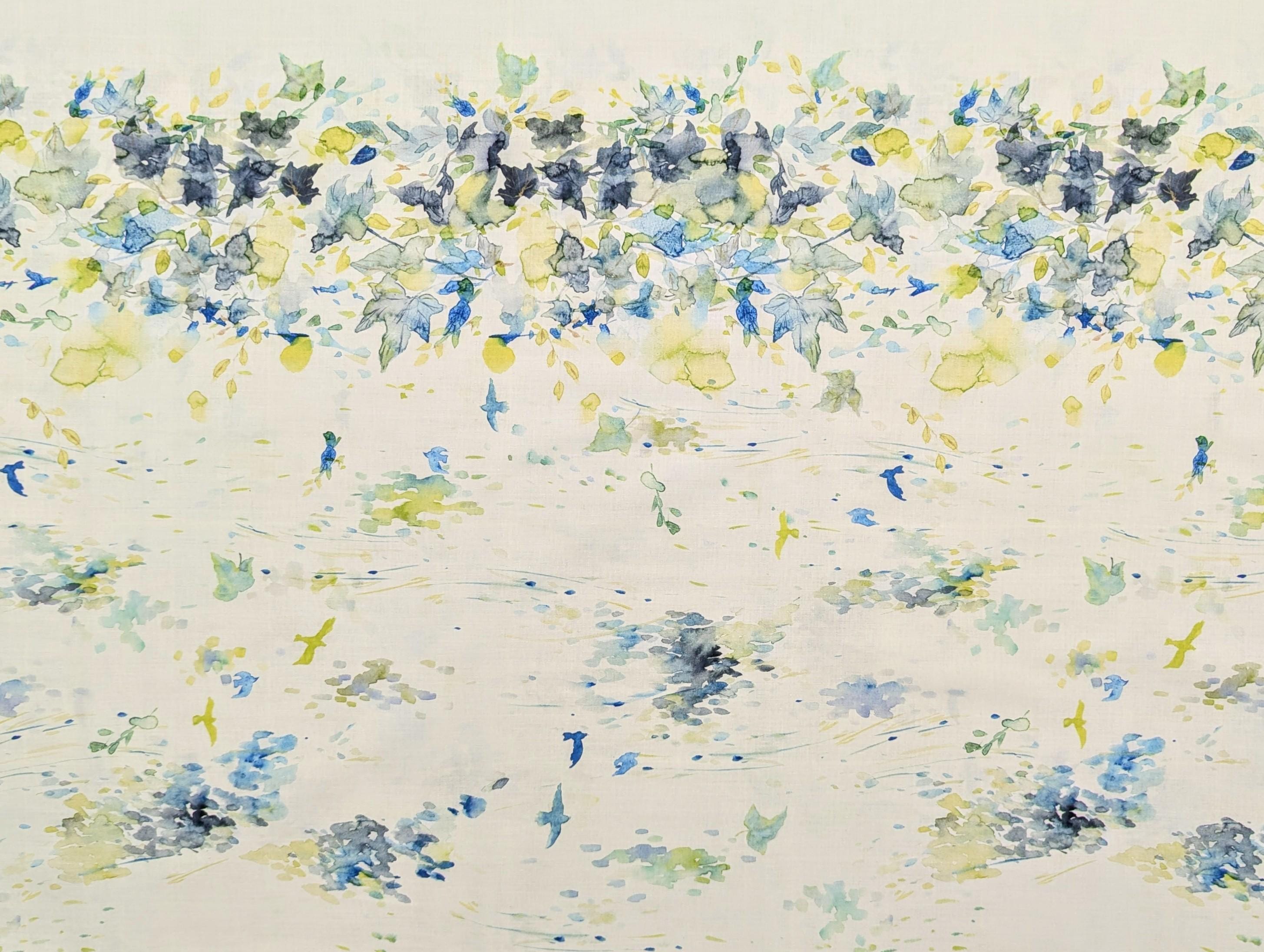 Watercolor Kokka Japanese cotton fabric EGXA-6105-1A maple leaves and birds