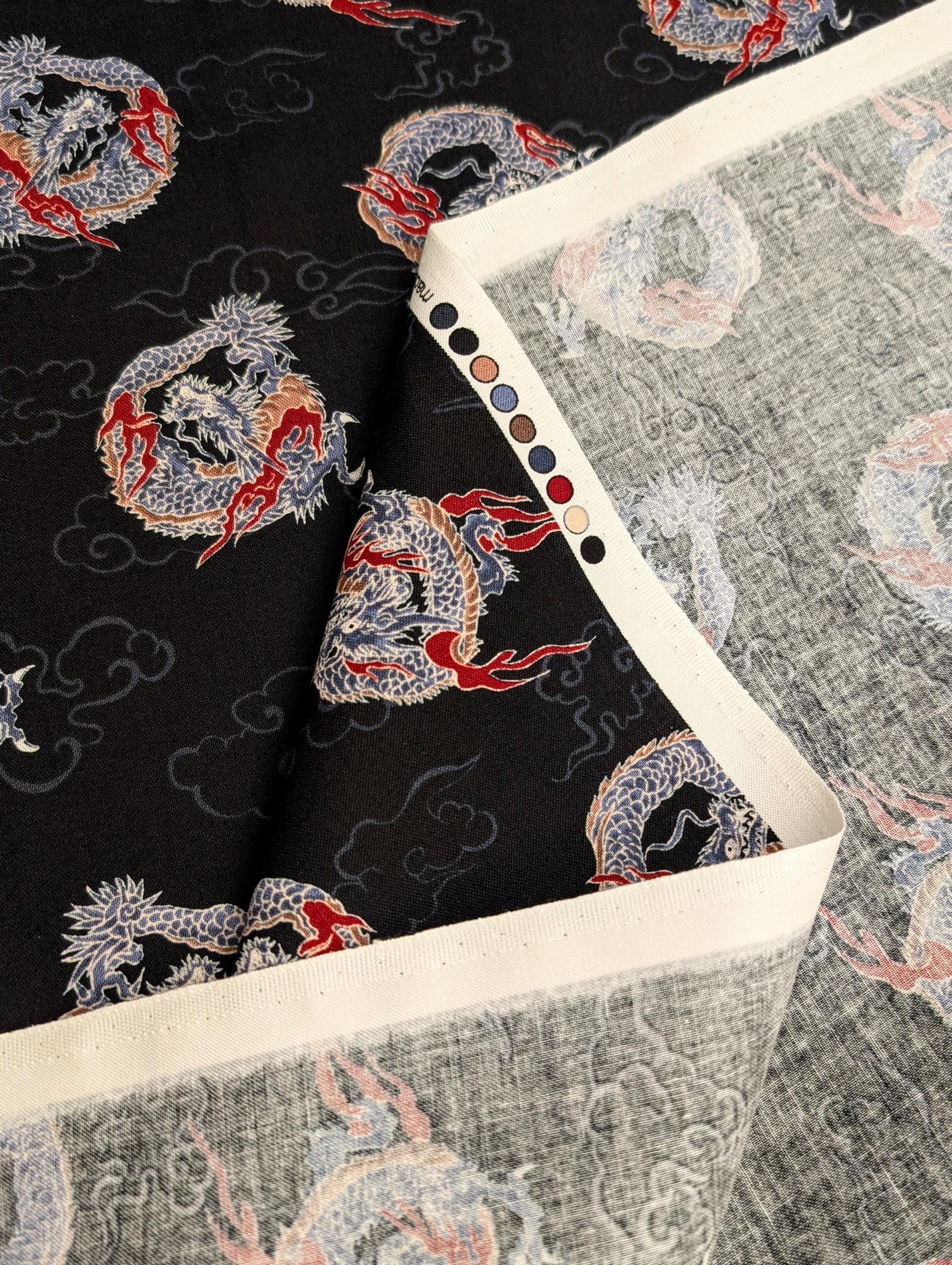 Circling Dragons Hishiei cotton fabric H-7107-1 D black