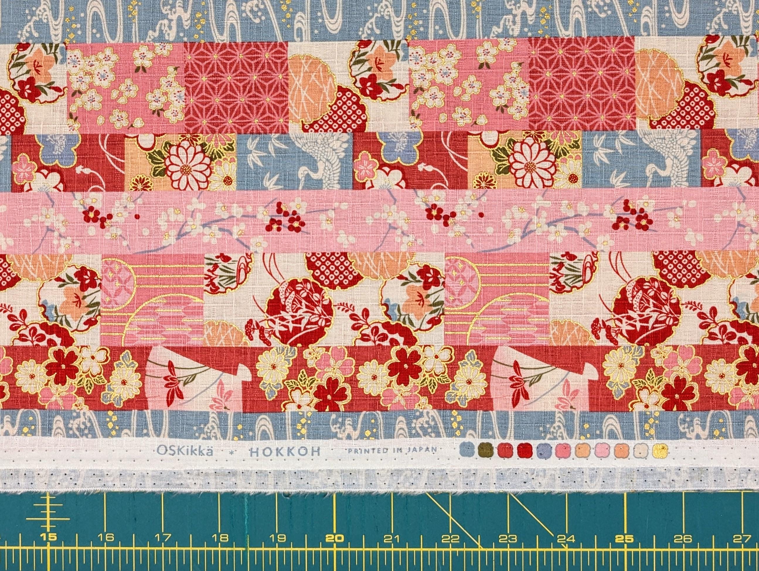 Striped Fans and Flowers Hokkoh Japanese dobby cotton fabric 1024-1120-1 A pink