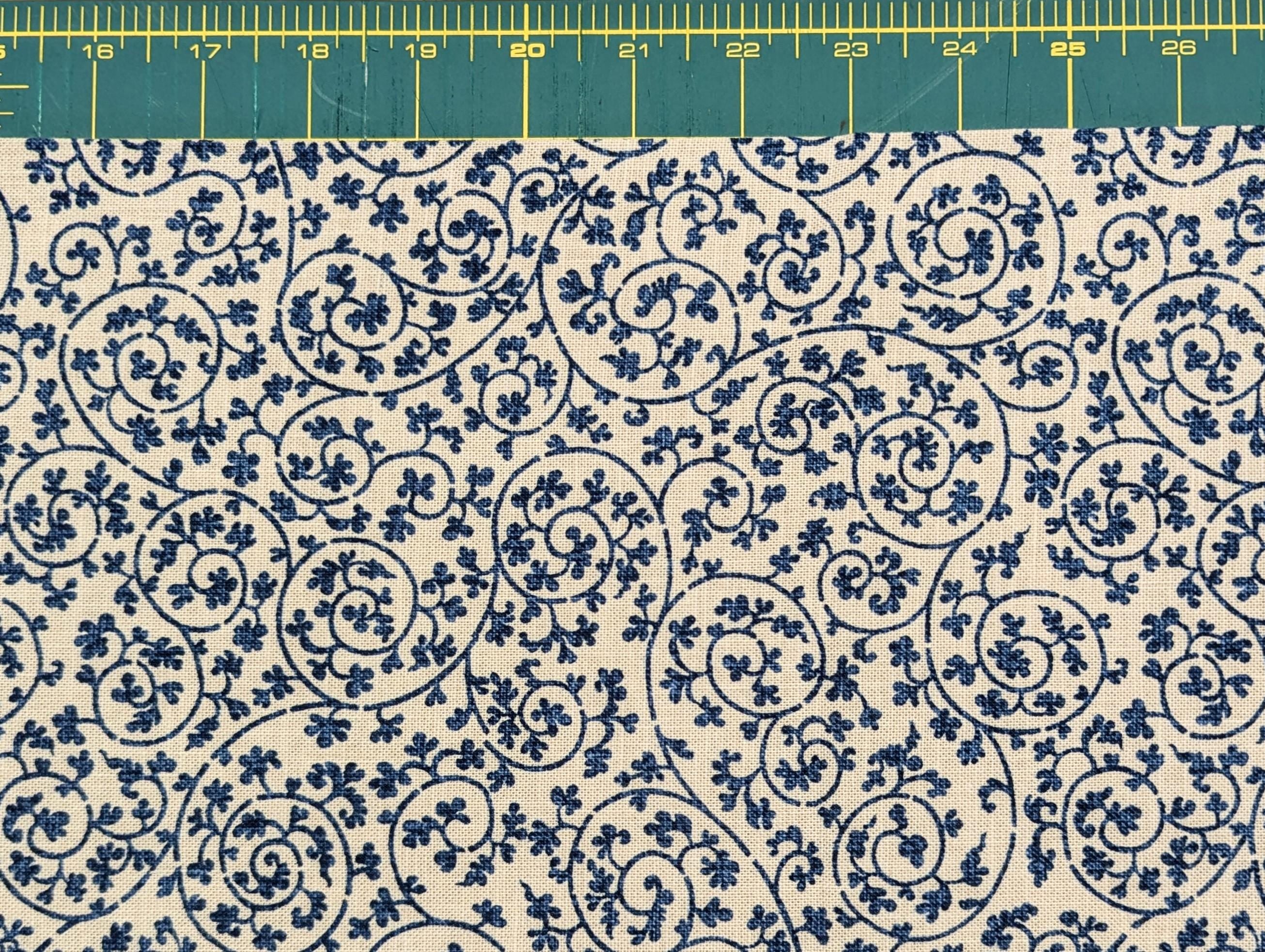 Hand Stenciled Swirling Vines Japanese cotton fabric KP7090-72 E blue off-white - half yard