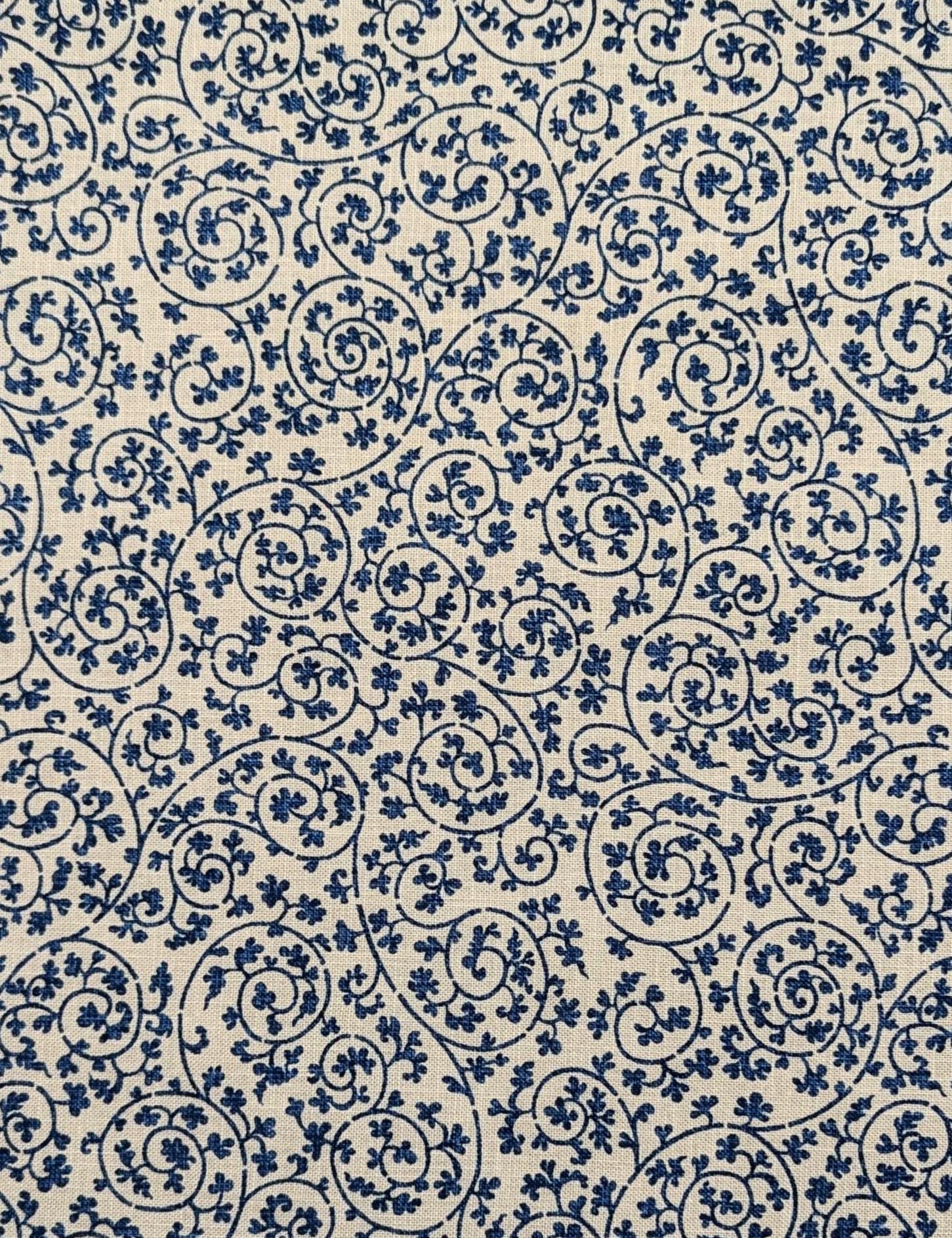 Hand Stenciled Swirling Vines Japanese cotton fabric KP7090-72 E blue off-white - half yard