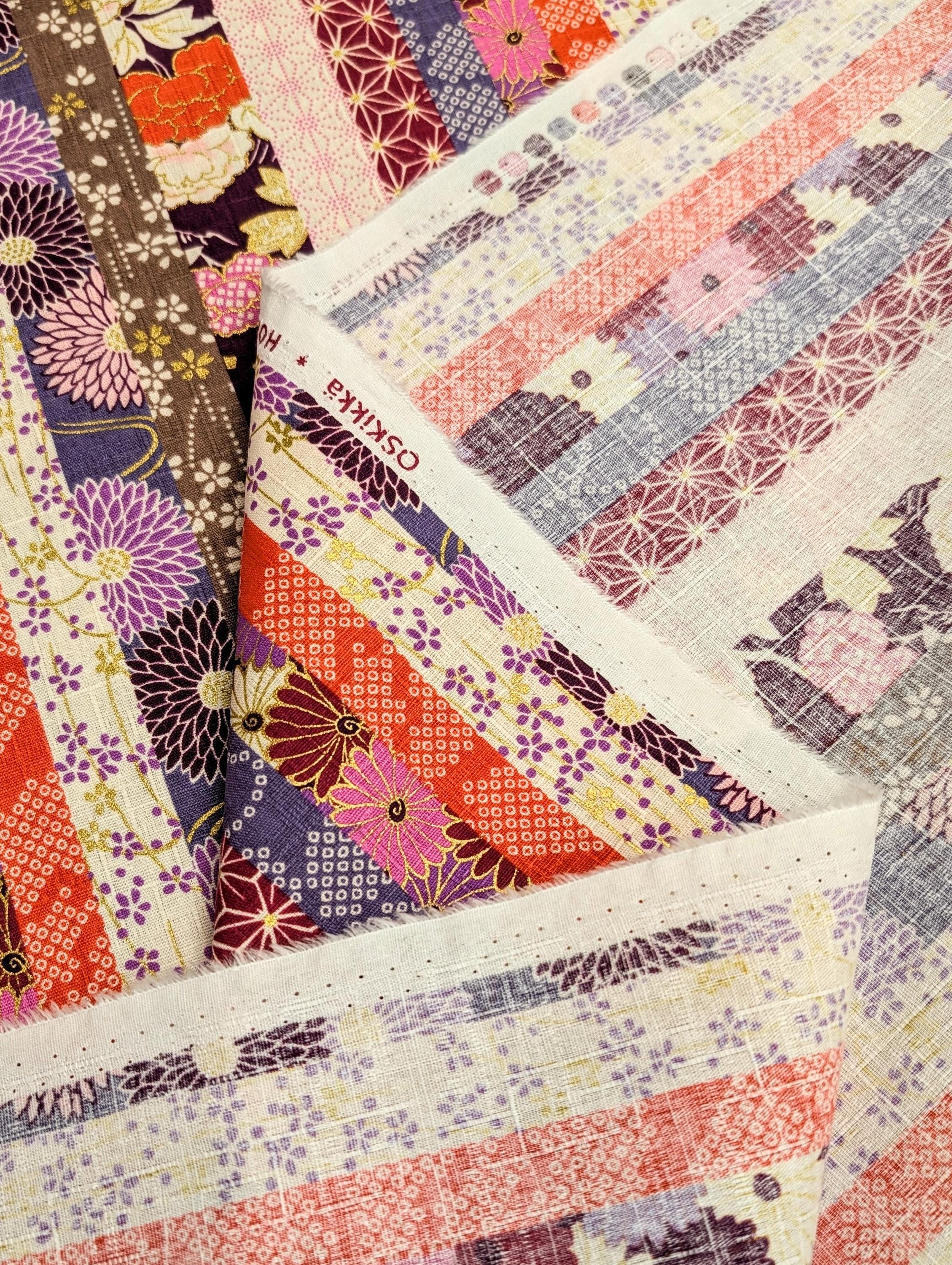 REMNANT Striped Flowers Hokkoh Japanese dobby cotton fabric 1024-100-3 C purple