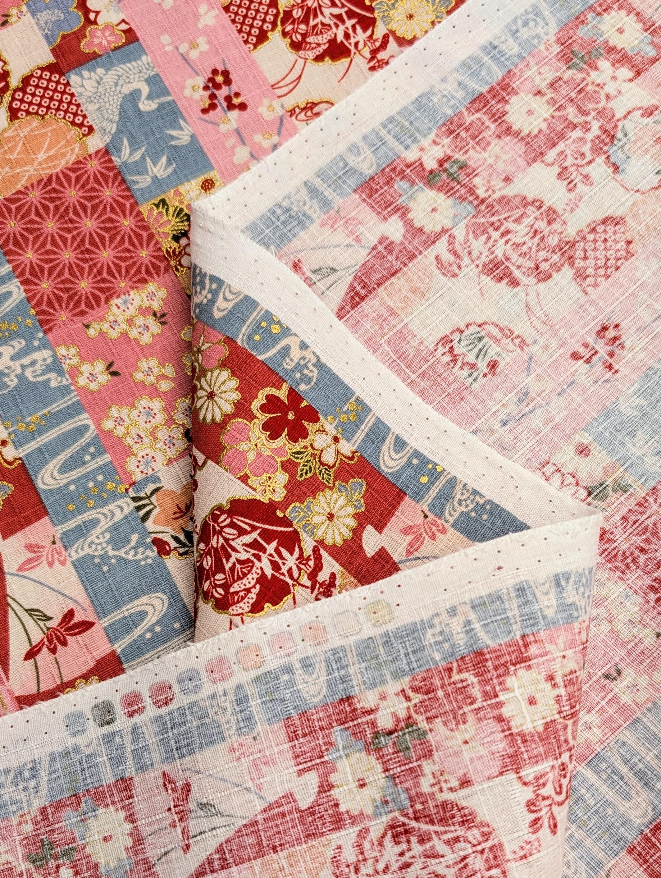 Striped Fans and Flowers Hokkoh Japanese dobby cotton fabric 1024-1120-1 A pink