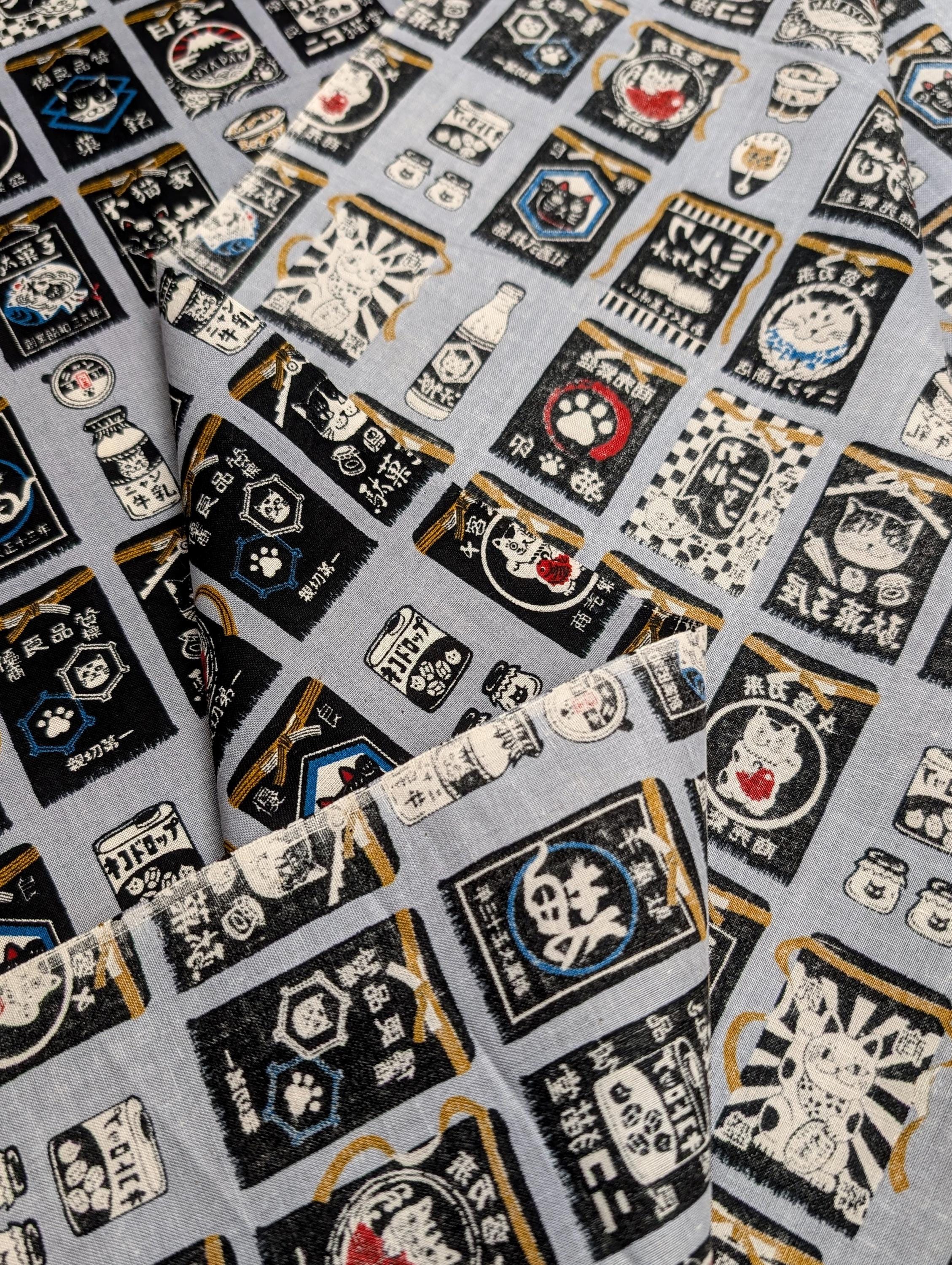 Maekake Sake Apron Cats Senyo Japanese cotton fabric SO-57501-5 B gray
