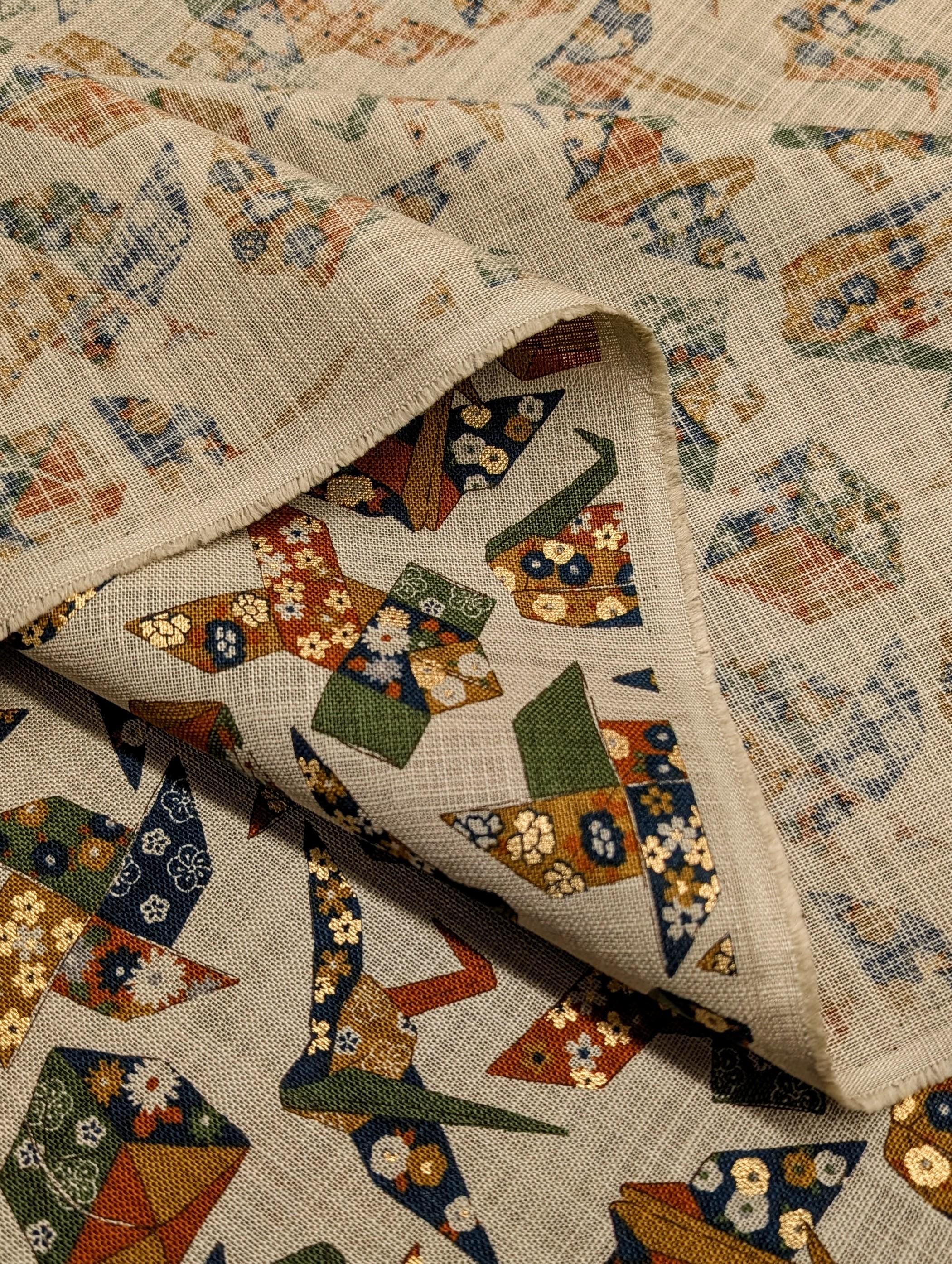 Sevenberry golden origami Japanese cotton fabric 88501-2-2 beige green & orange
