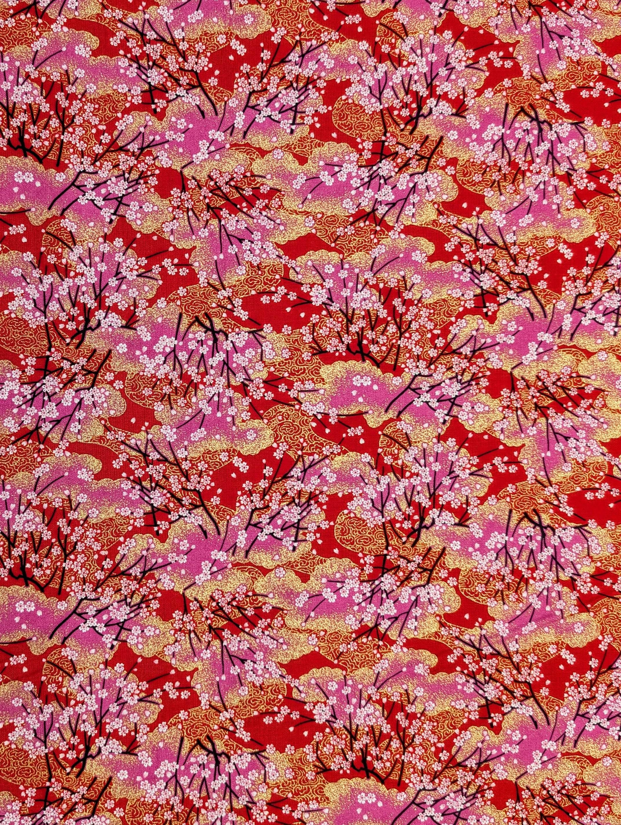 Cherry Blossom Trees with Gold Japanese cotton fabric A-45000-68 A red & pink