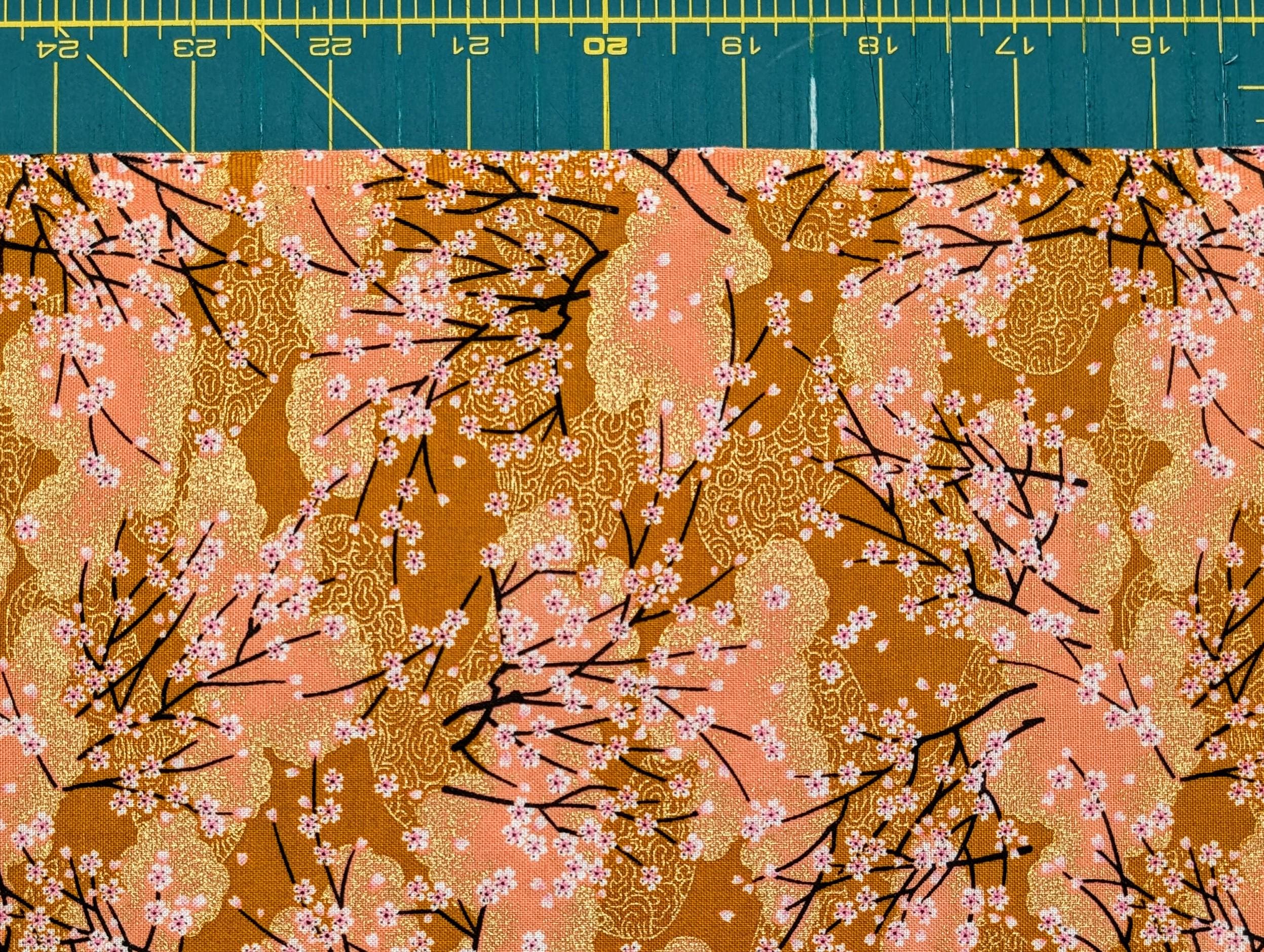 Cherry Blossom Trees with Gold Japanese cotton fabric A-45000-68 C orange & peach