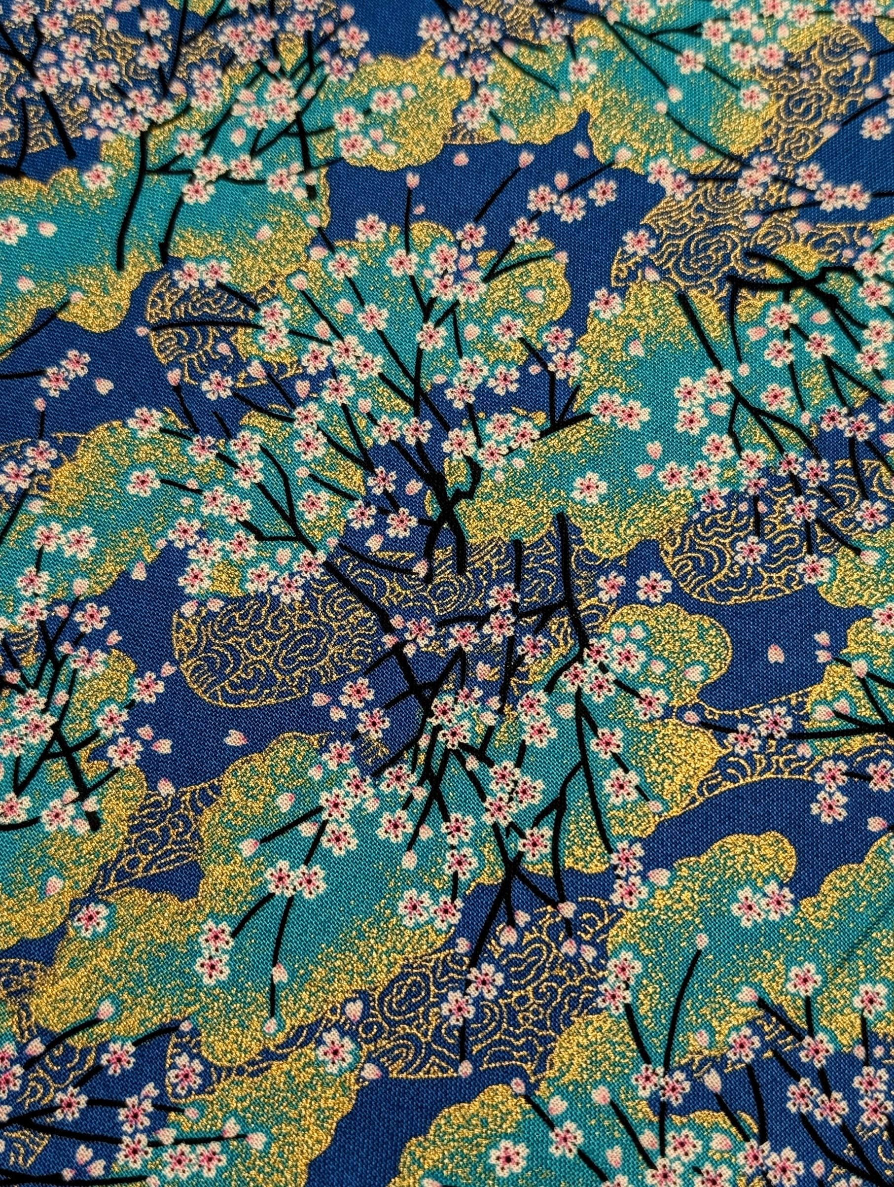 Cherry Blossom Trees with Gold Japanese cotton fabric A-45000-68 B blue & teal