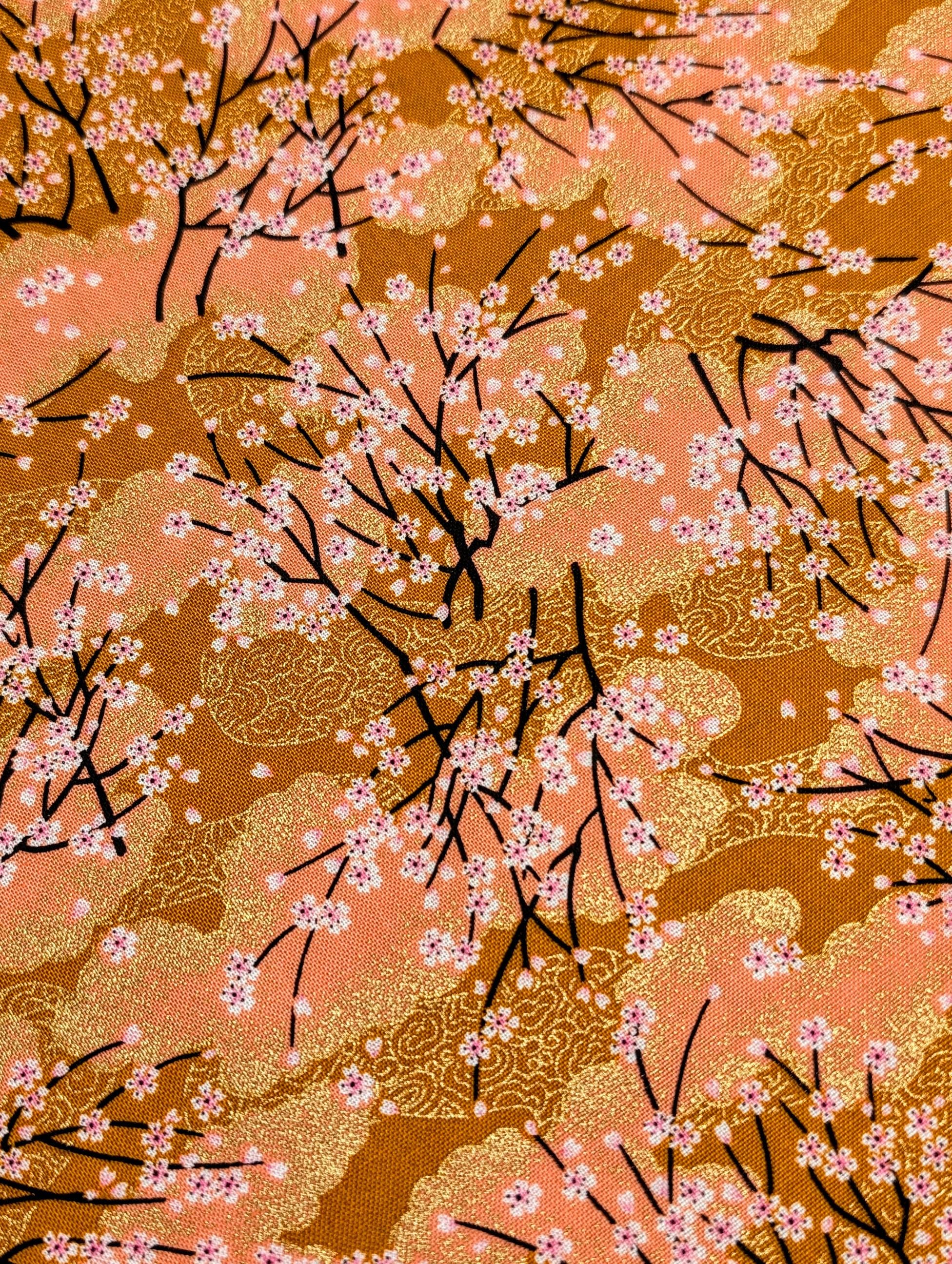 Cherry Blossom Trees with Gold Japanese cotton fabric A-45000-68 C orange & peach
