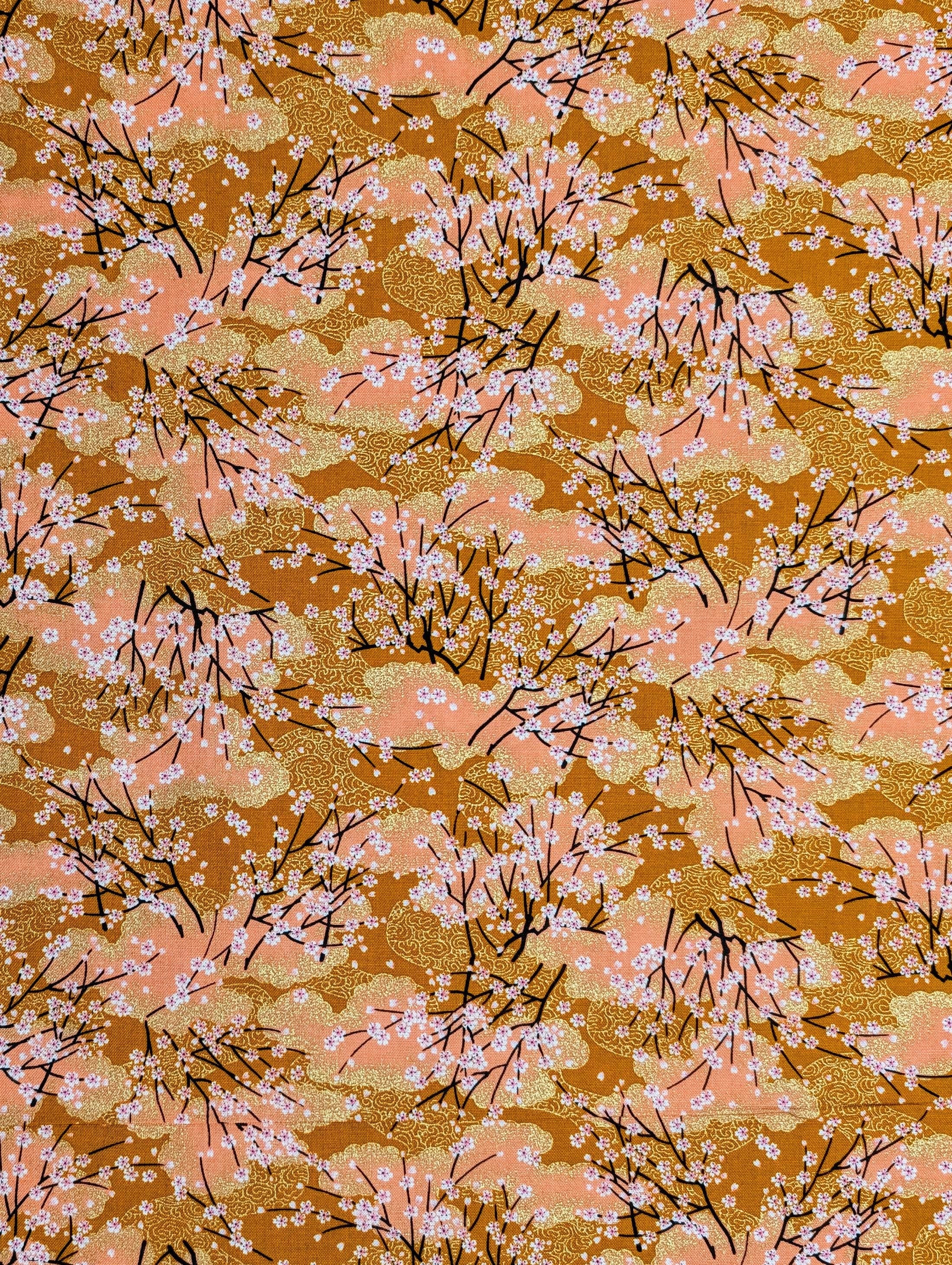 Cherry Blossom Trees with Gold Japanese cotton fabric A-45000-68 C orange & peach