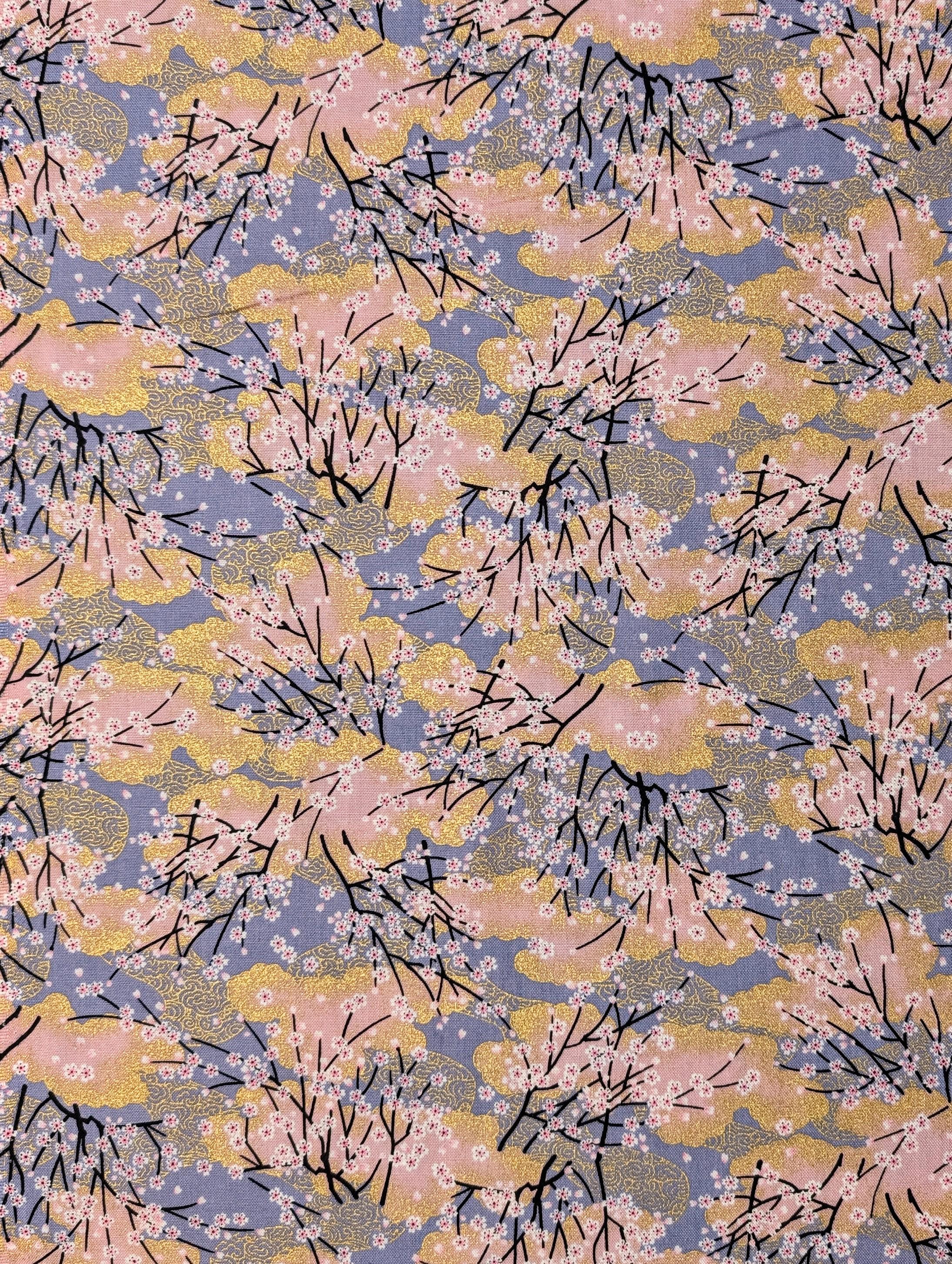 Cherry Blossom Trees with Gold Japanese cotton fabric A-45000-68 D pink & gray