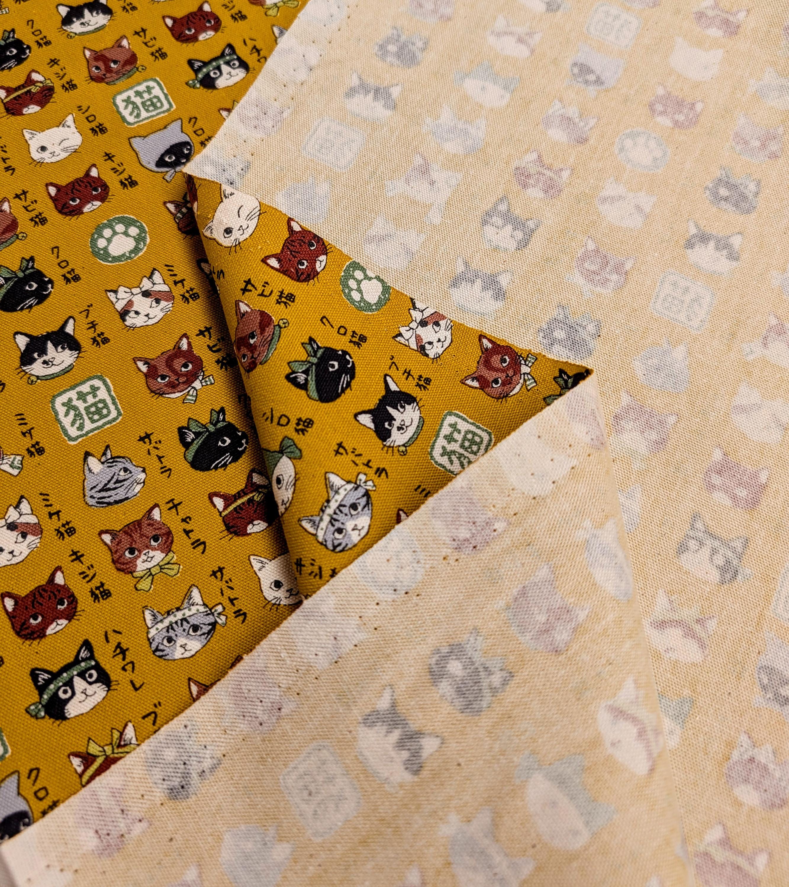Japanese Cats Trèfle Kokka Japanese cotton fabric YPA-56030-2 C mustard