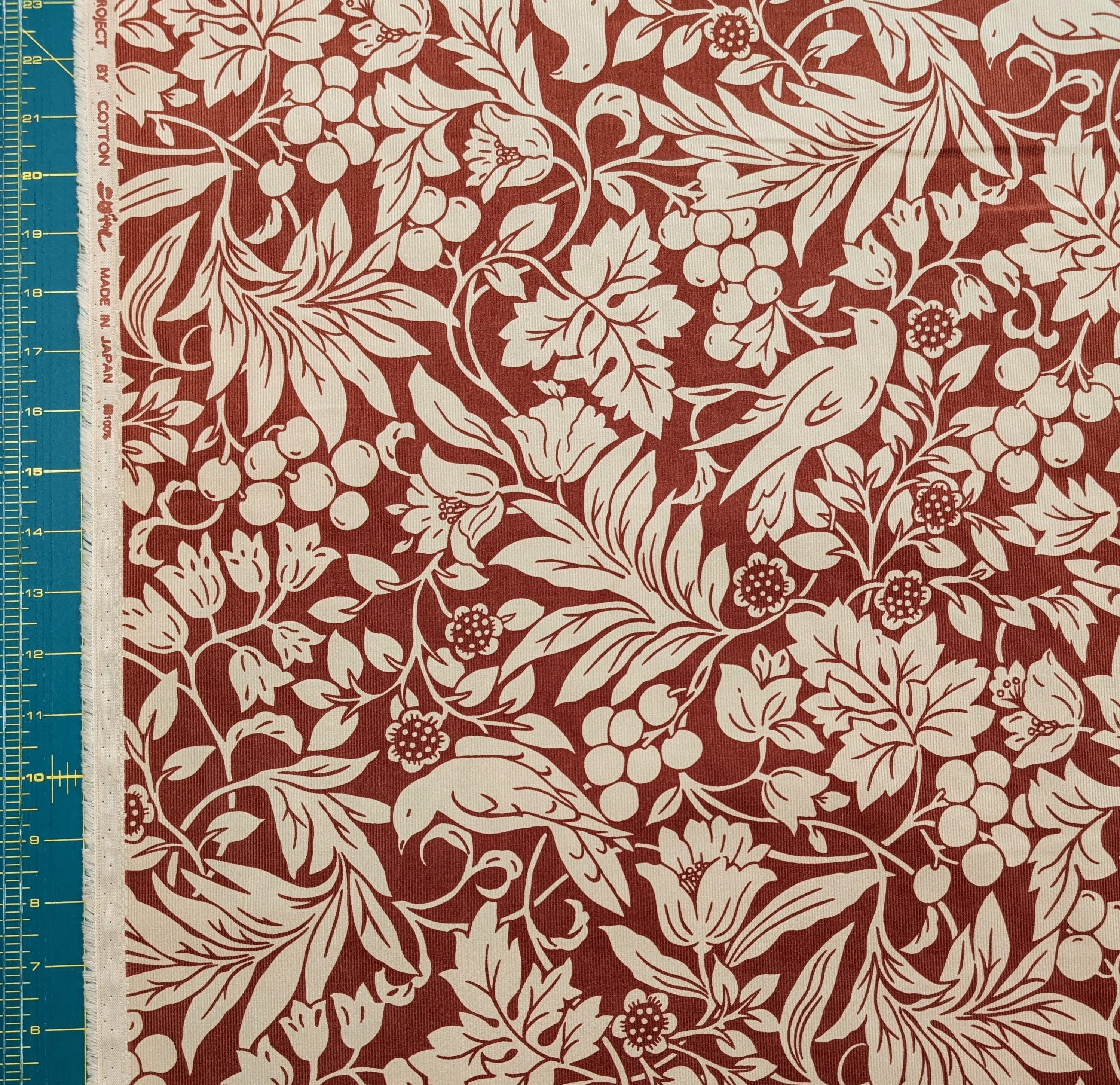 Kobayashi - NEW Botanical Doves Pin Wale Cotton Corduroy - Red & Ivory