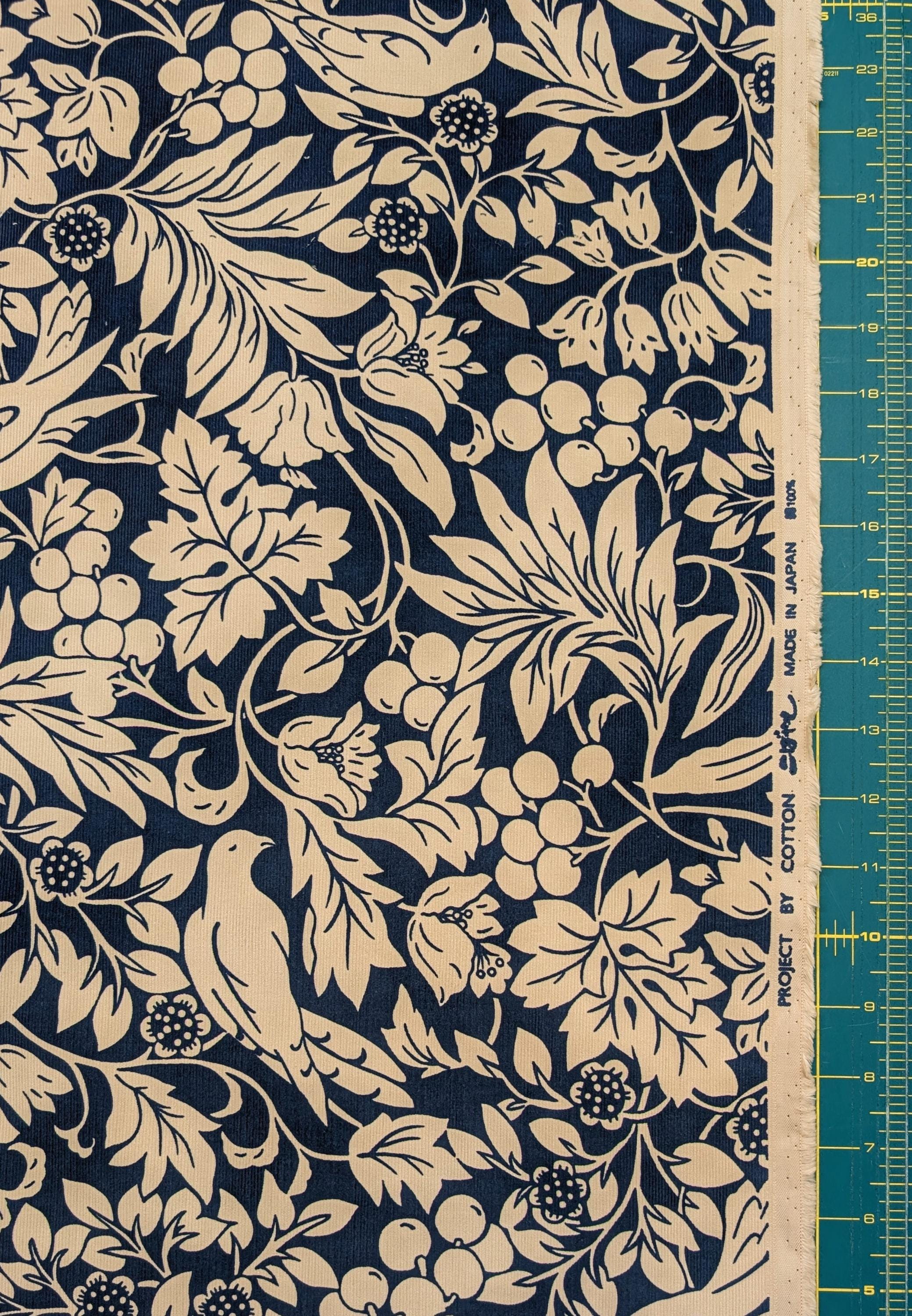 Kobayashi - NEW Botanical Doves Pin Wale Cotton Corduroy - Ivory & Blue