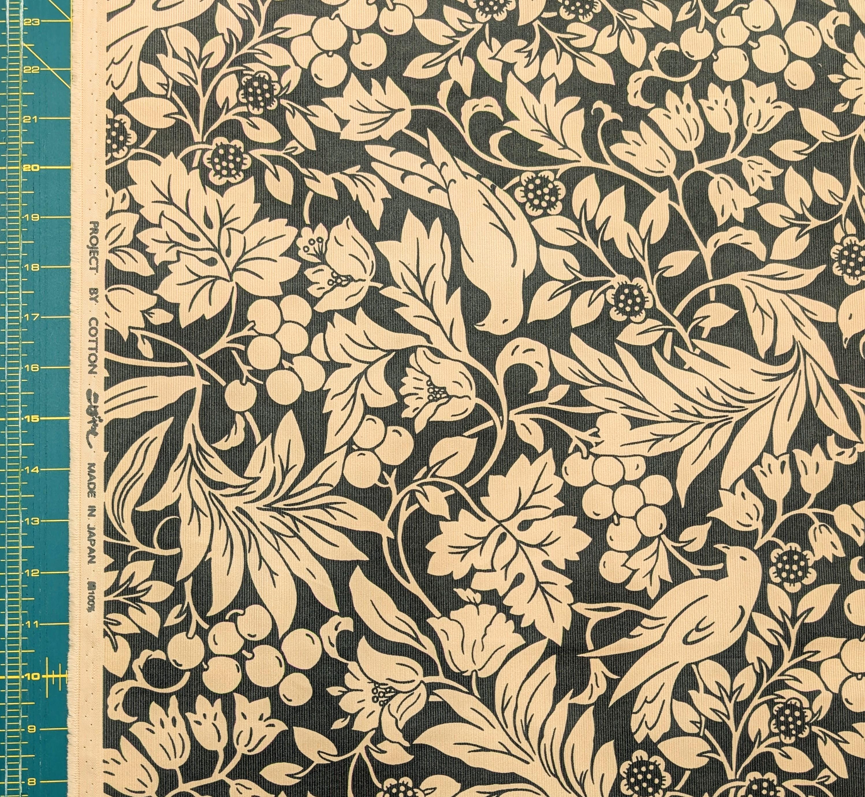 Kobayashi - NEW Botanical Doves Pin Wale Cotton Corduroy - Ivory & Green