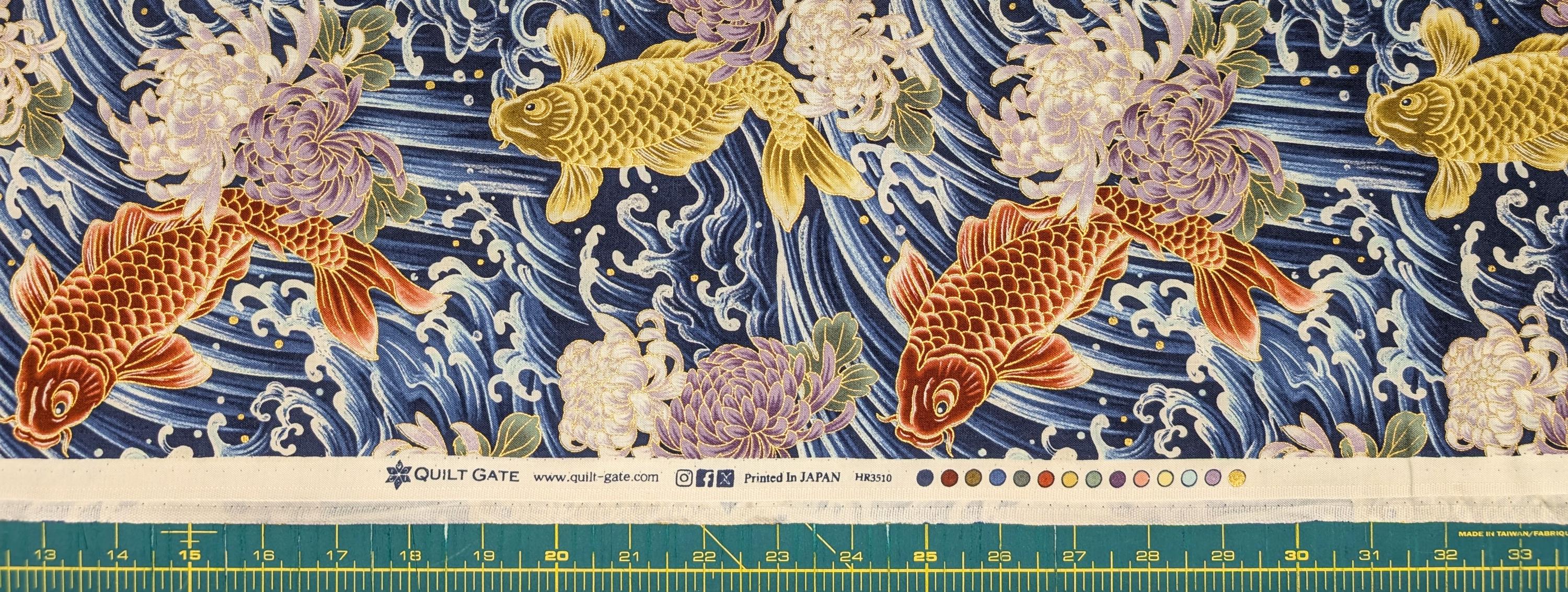 NEW Koi & Chrysanthemum Quilt Gate Hyakka Ryoran Japanese cotton fabric HR3510H-12 C blue