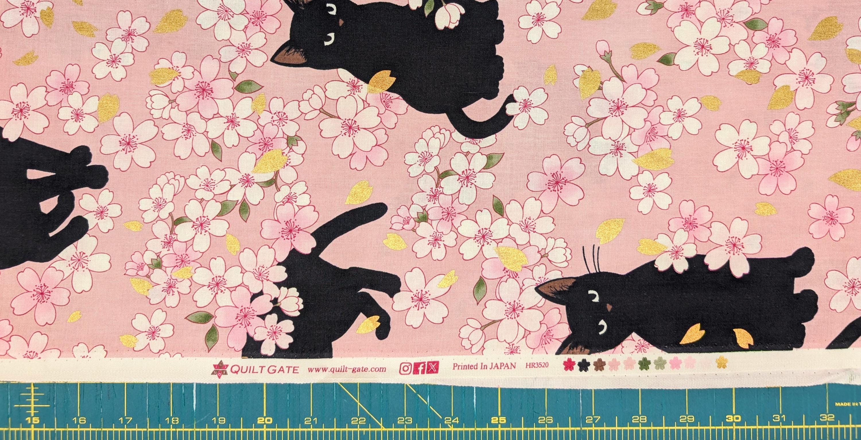 NEW Black Cats and Cherry Blossoms Quilt Gate Hyakka Ryoran Japanese cotton fabric HR3520H-11 B pink
