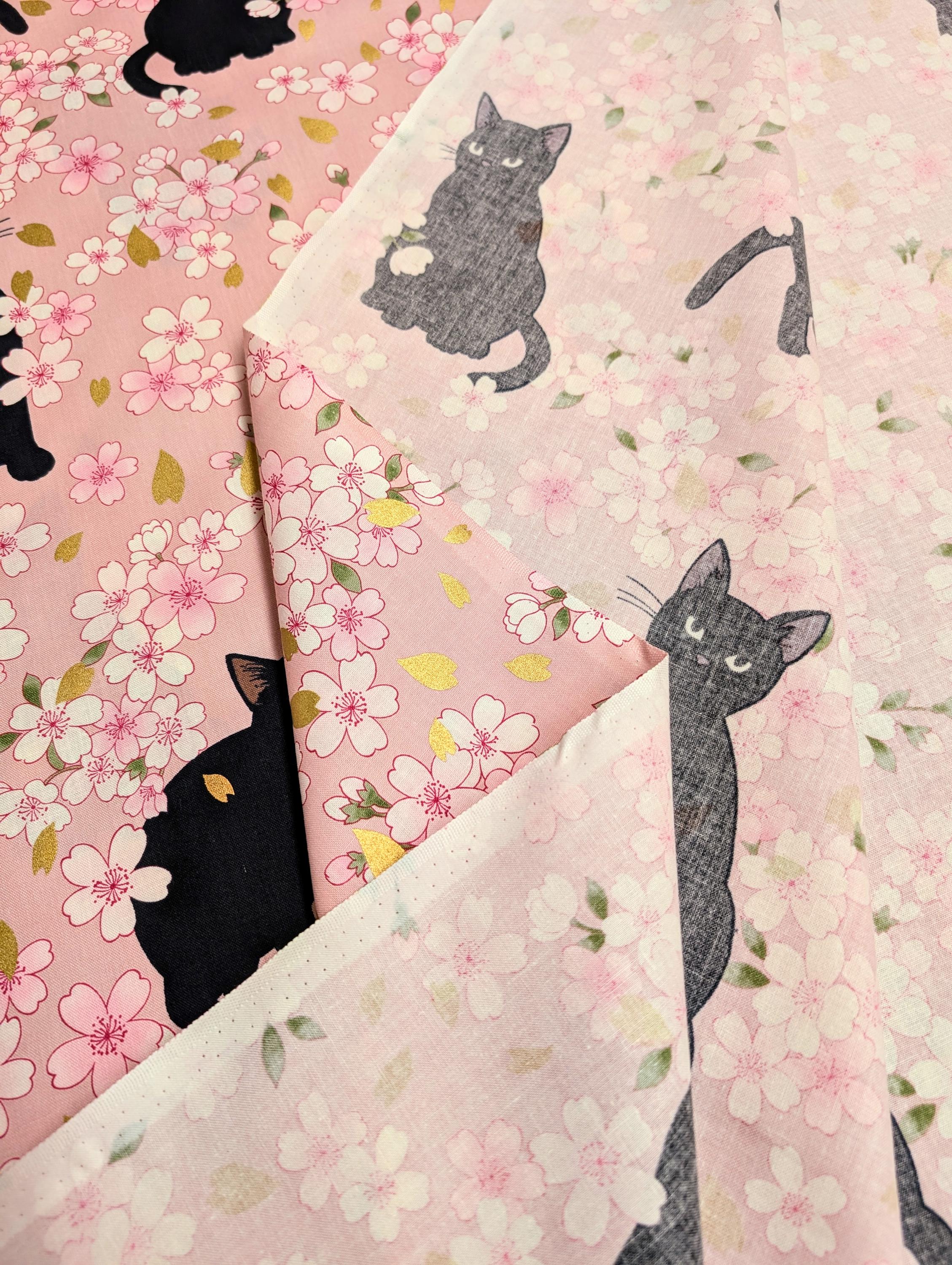 NEW Black Cats and Cherry Blossoms Quilt Gate Hyakka Ryoran Japanese cotton fabric HR3520H-11 B pink