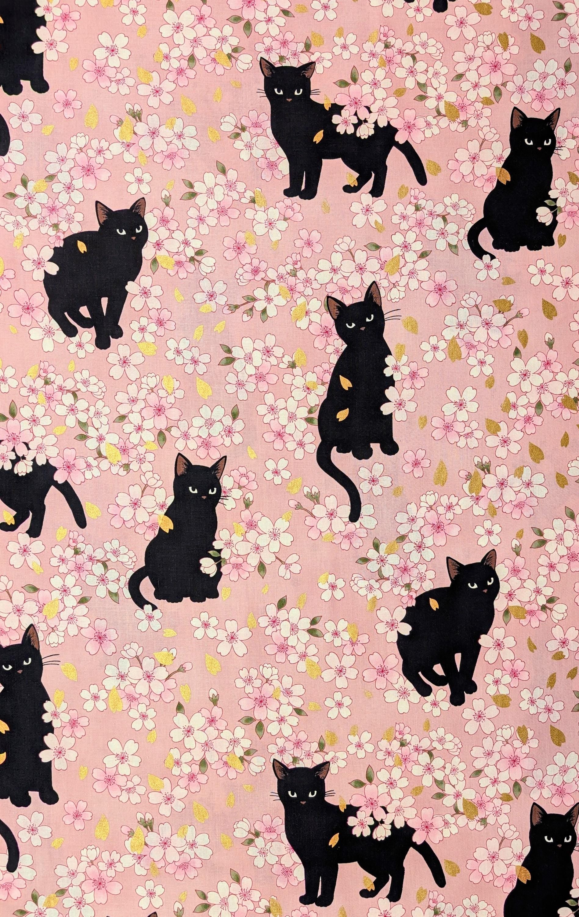 NEW Black Cats and Cherry Blossoms Quilt Gate Hyakka Ryoran Japanese cotton fabric HR3520H-11 B pink