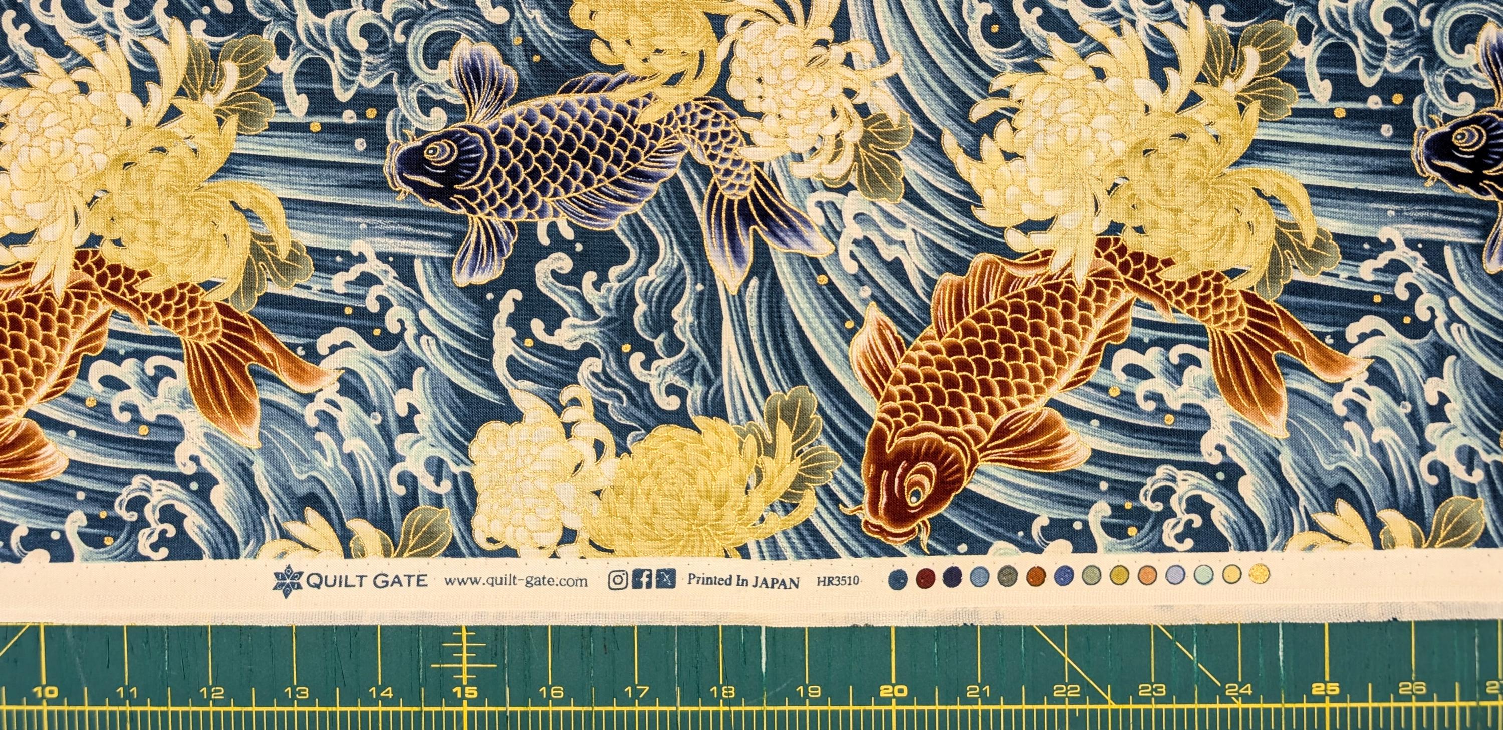 NEW Koi & Chrysanthemum Quilt Gate Hyakka Ryoran Japanese cotton fabric HR3510H-12 A teal