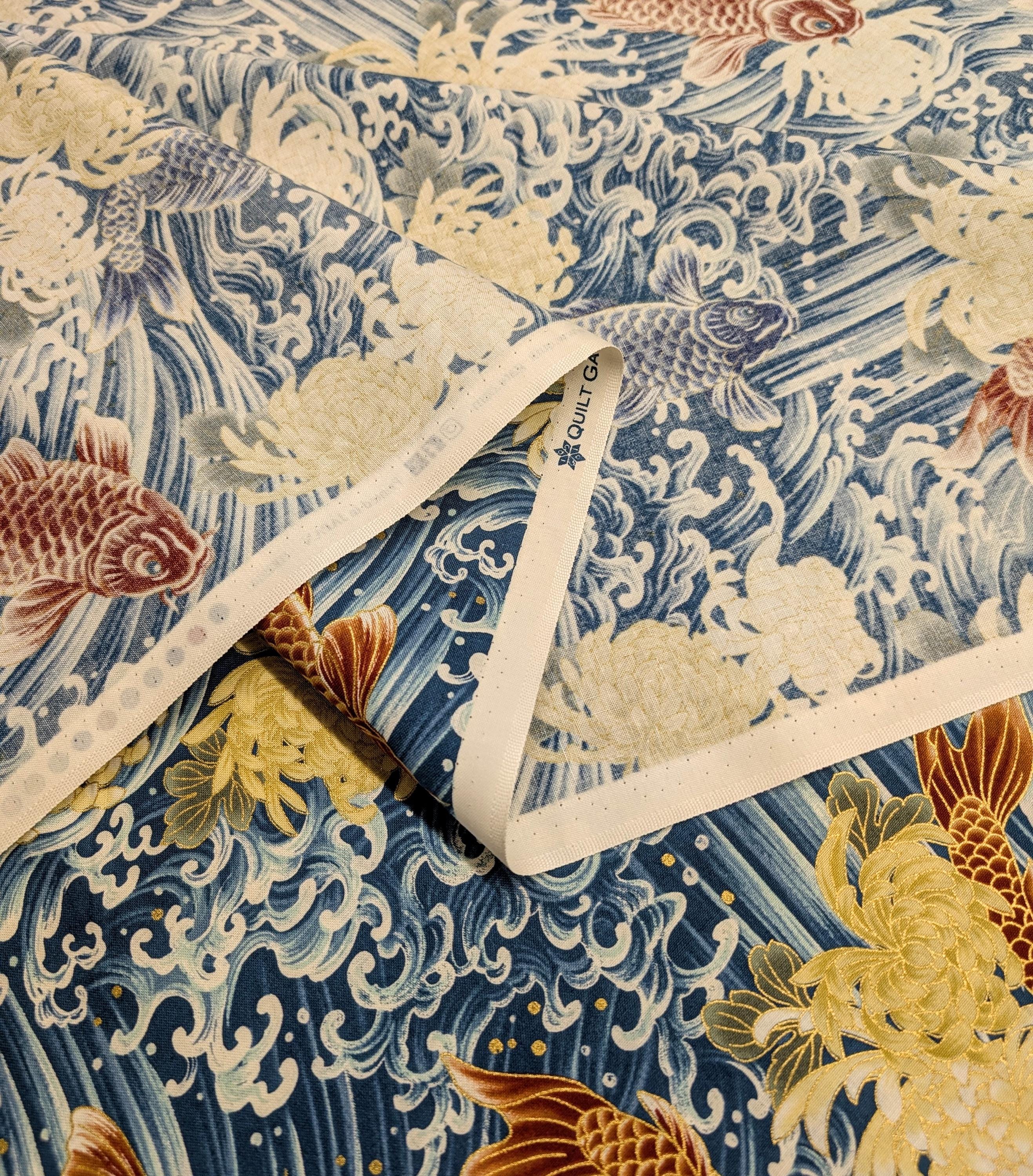 NEW Koi & Chrysanthemum Quilt Gate Hyakka Ryoran Japanese cotton fabric HR3510H-12 A teal