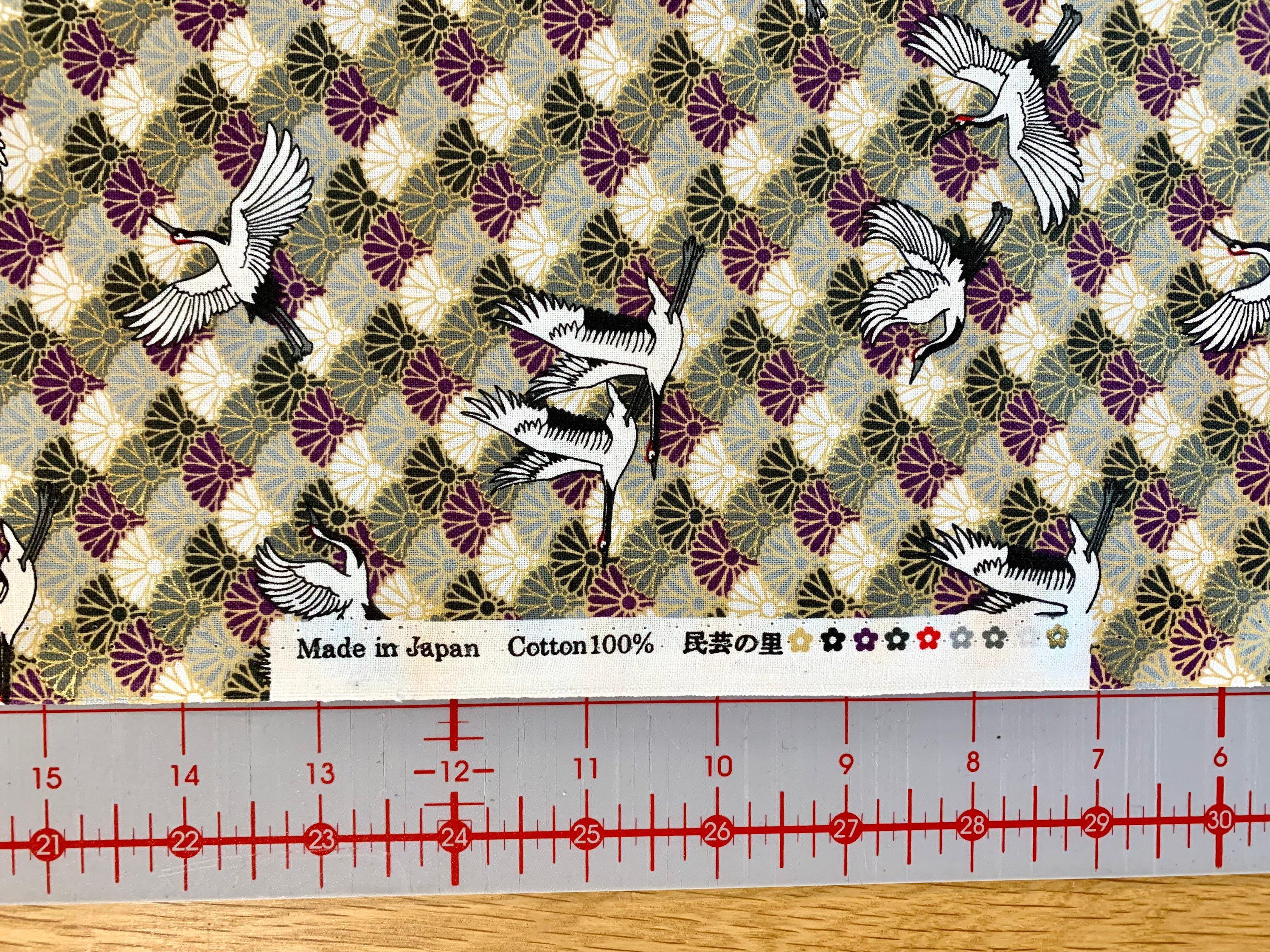 REMNANT Cranes and Chrysanthemum Waves Japanese cotton fabric 2000-73C gray green purple white gold