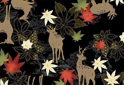 QuiltGate - Hyakka Ryoran Deer and Maple Leaf Cotton Fabric - Black Red Green Gold