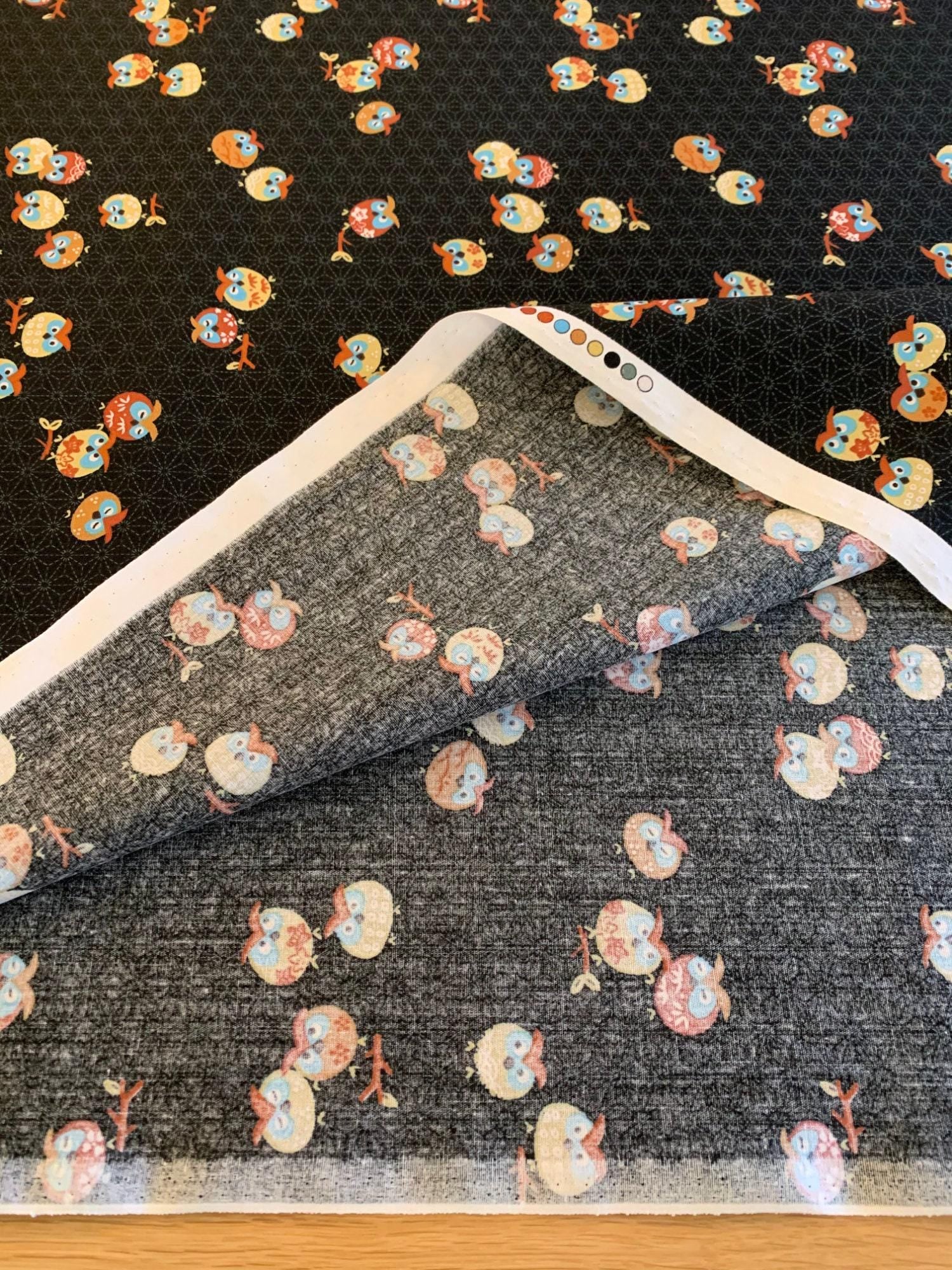 Yamaoka - Cute Owls Cotton Fabric - Black