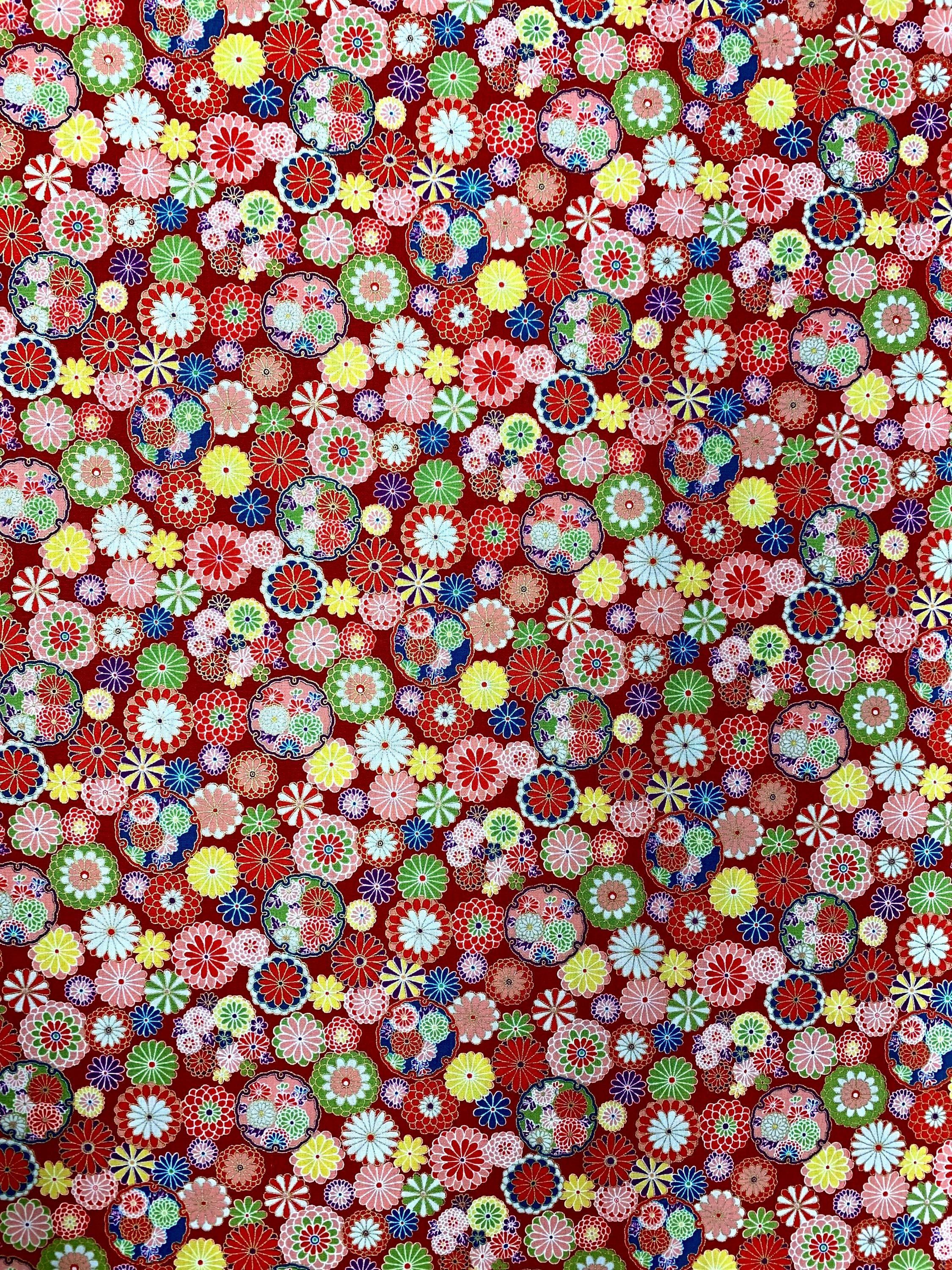 Senyo - Golden Flower Story Chrysanthemums Cotton Fabric - Red Yellow Green