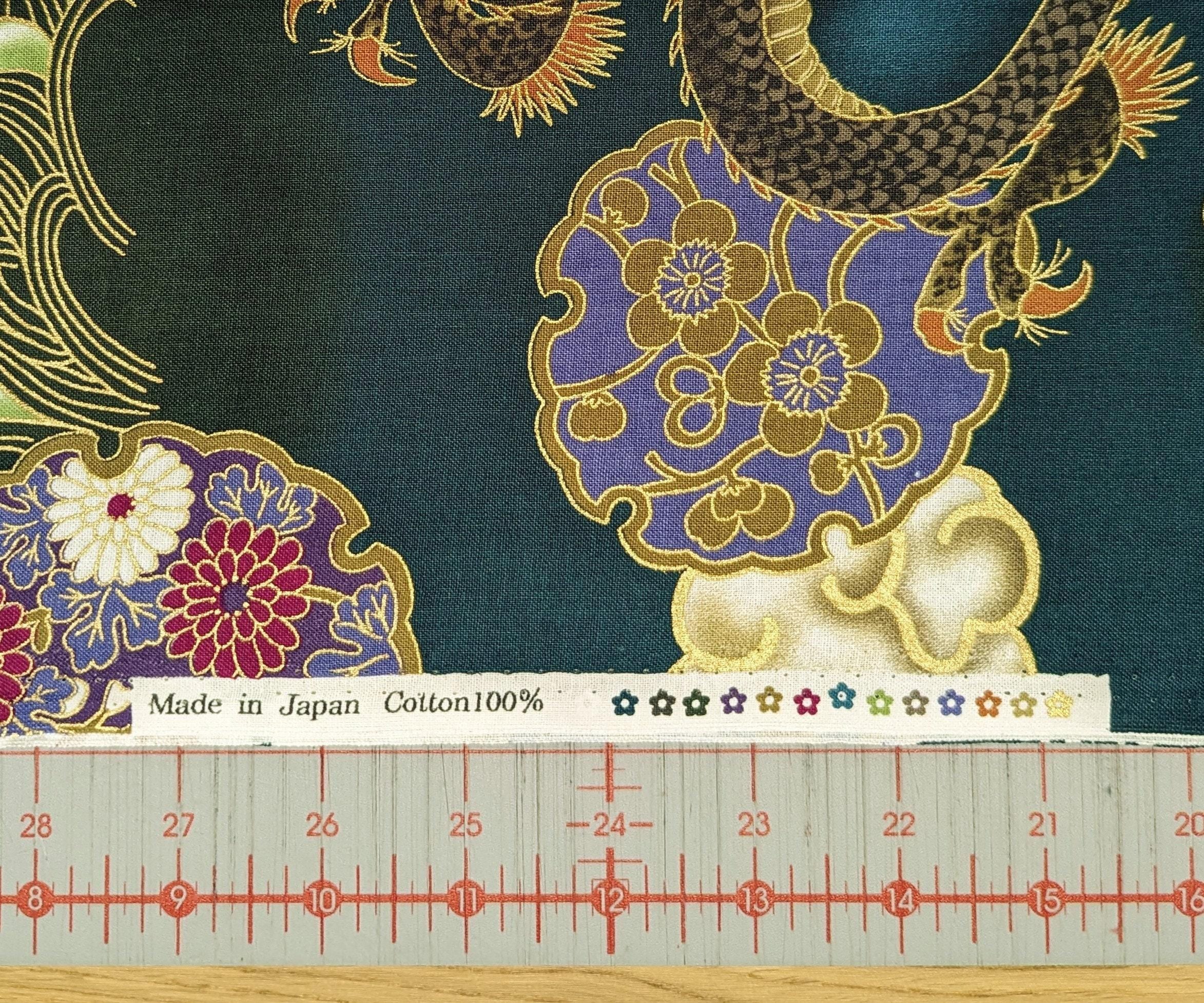 Golden Dragons with Waves Naka Japanese cotton fabric N-1750-59 C green