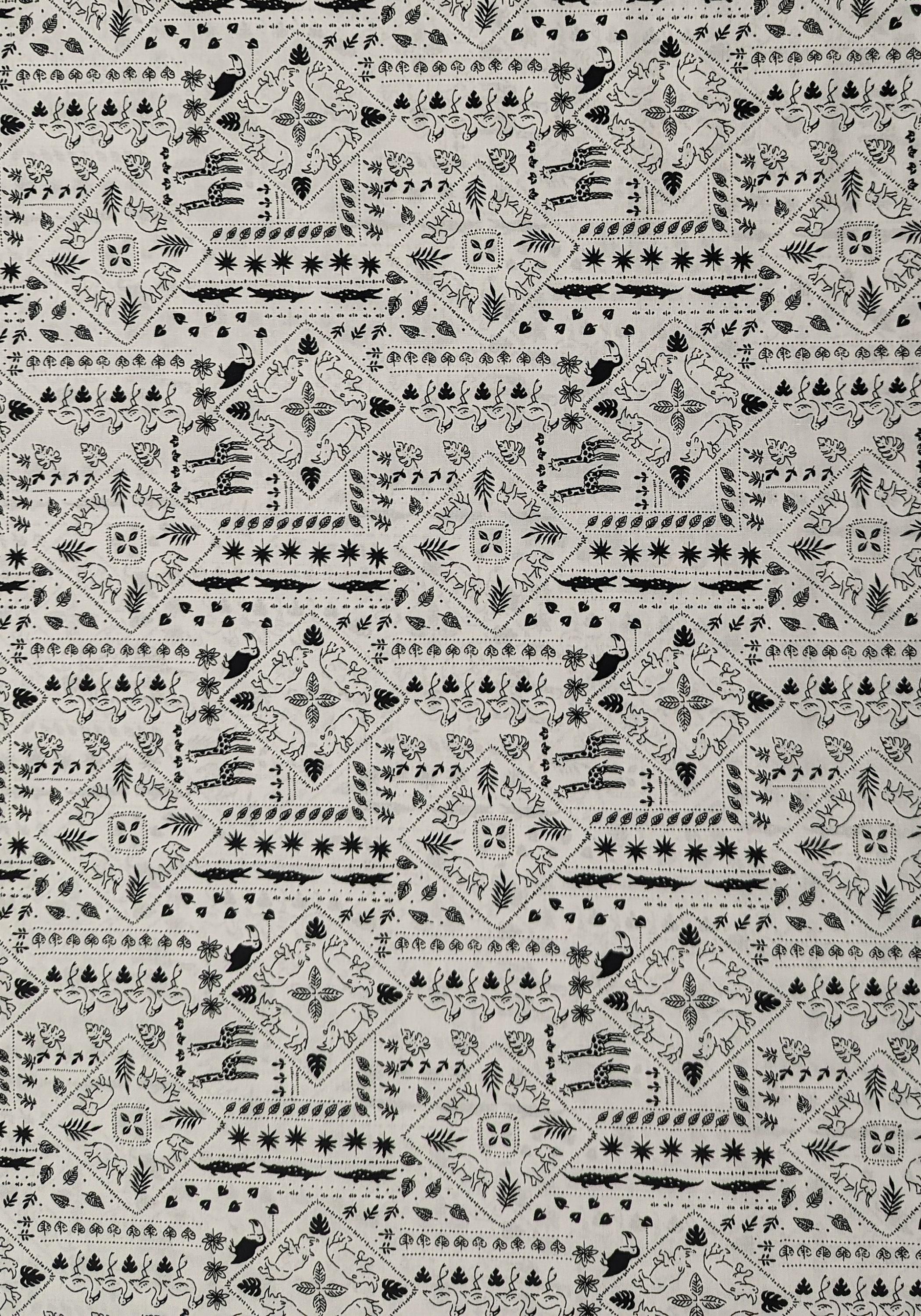 Sevenberry - African Safari Animals Cotton Fabric - White Black