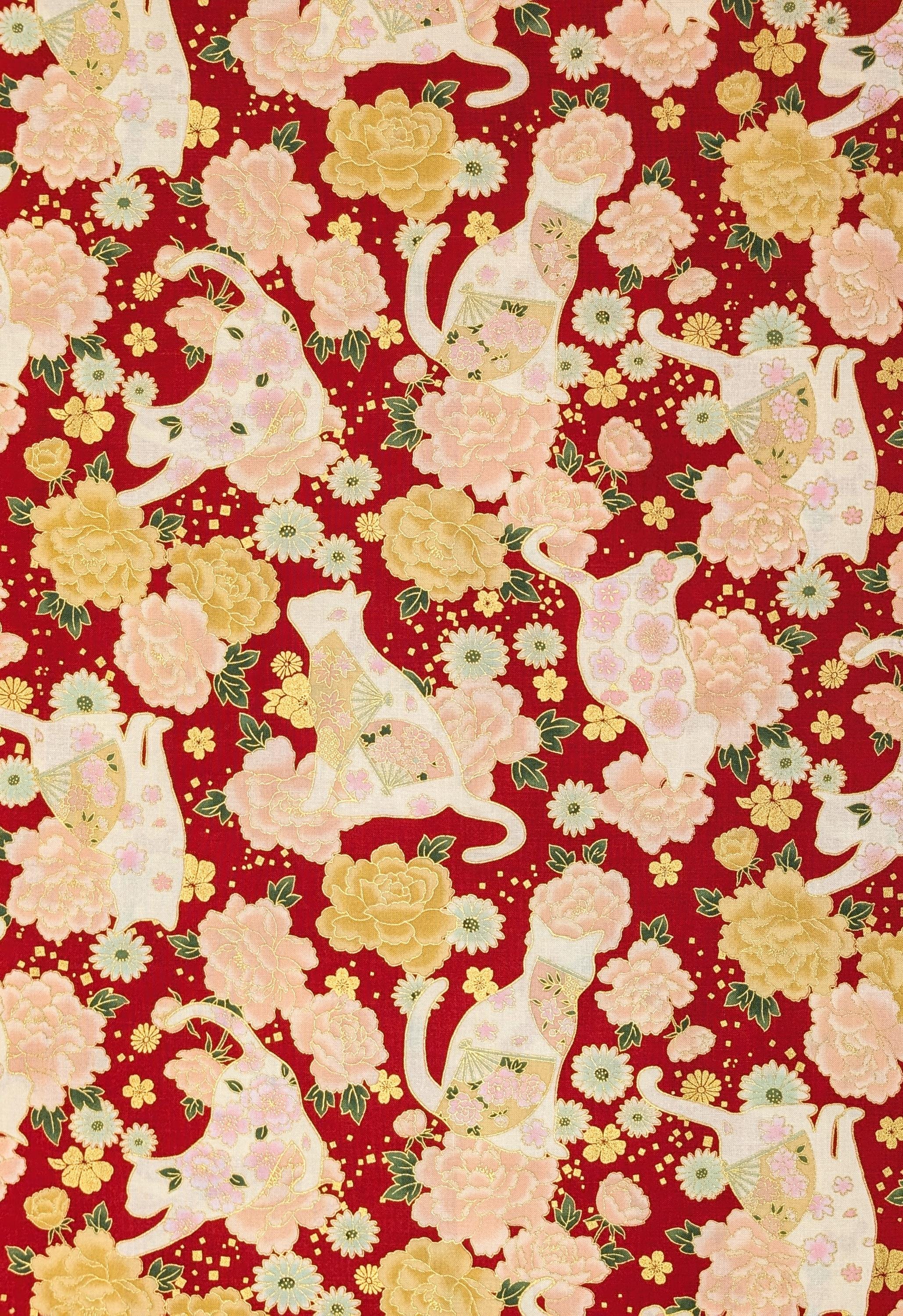 NEW Cats and Roses Quilt Gate Hyakka Ryoran Japanese cotton fabric HR3480-12 C red