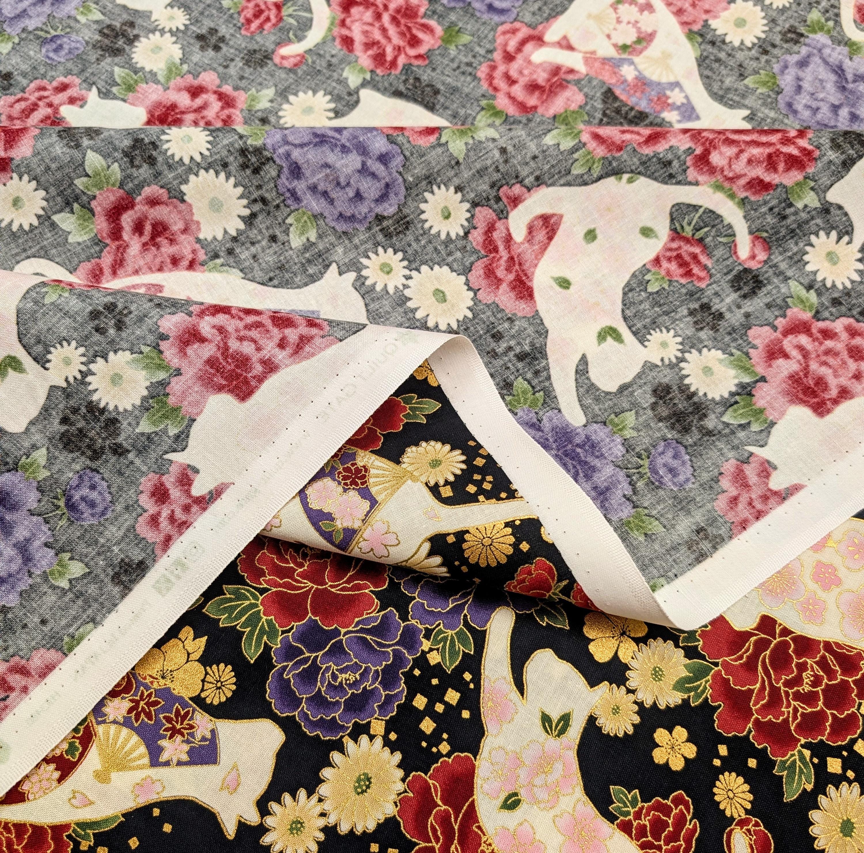 NEW Cats and Roses Quilt Gate Hyakka Ryoran Japanese cotton fabric HR3480-12 F black