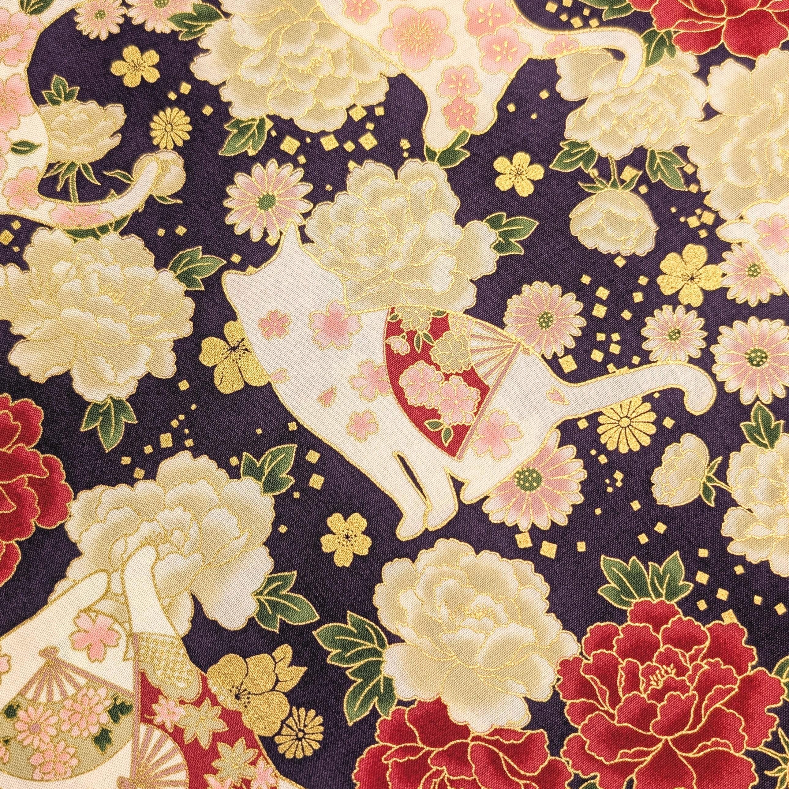 NEW Cats and Roses Quilt Gate Hyakka Ryoran Japanese cotton fabric HR3480-12 D purple