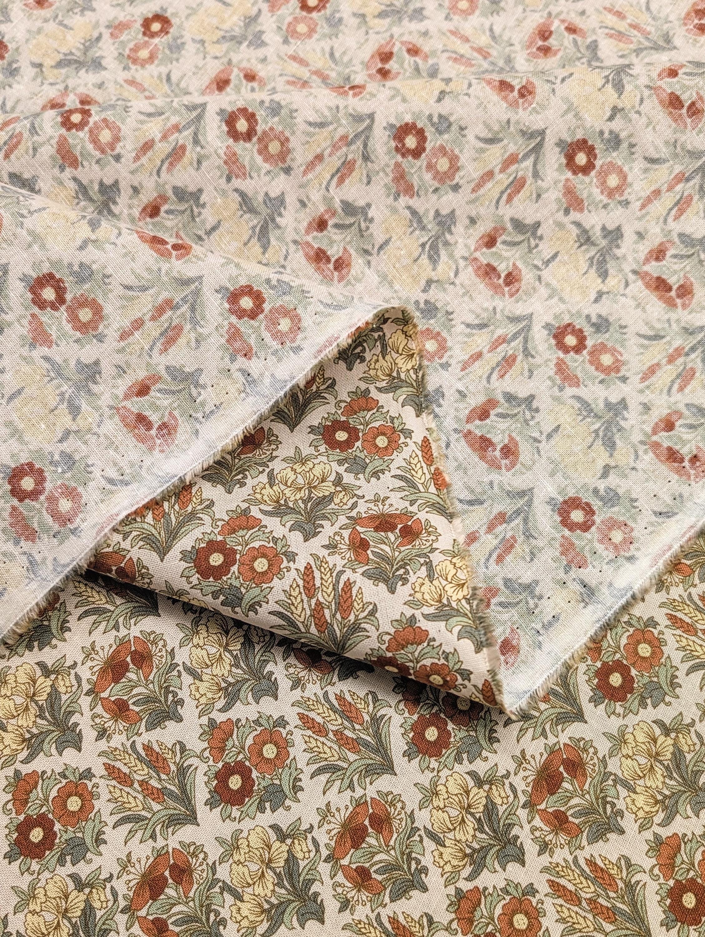 Kokka - Gridded Bouquet Cotton/Linen Fabric - Beige
