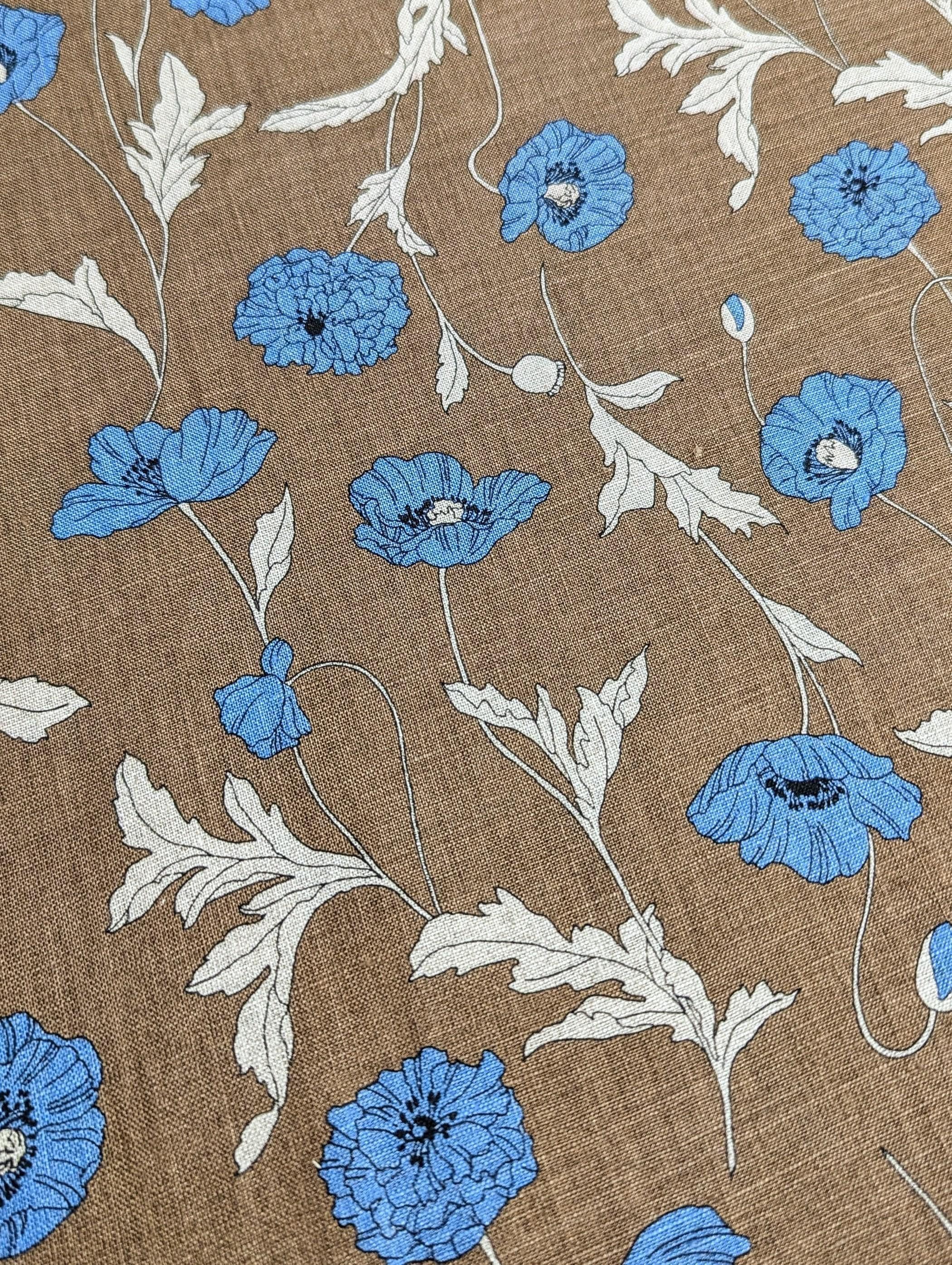 Hokkoh - Summer Poppies Linen Fabric - Brown and Blue