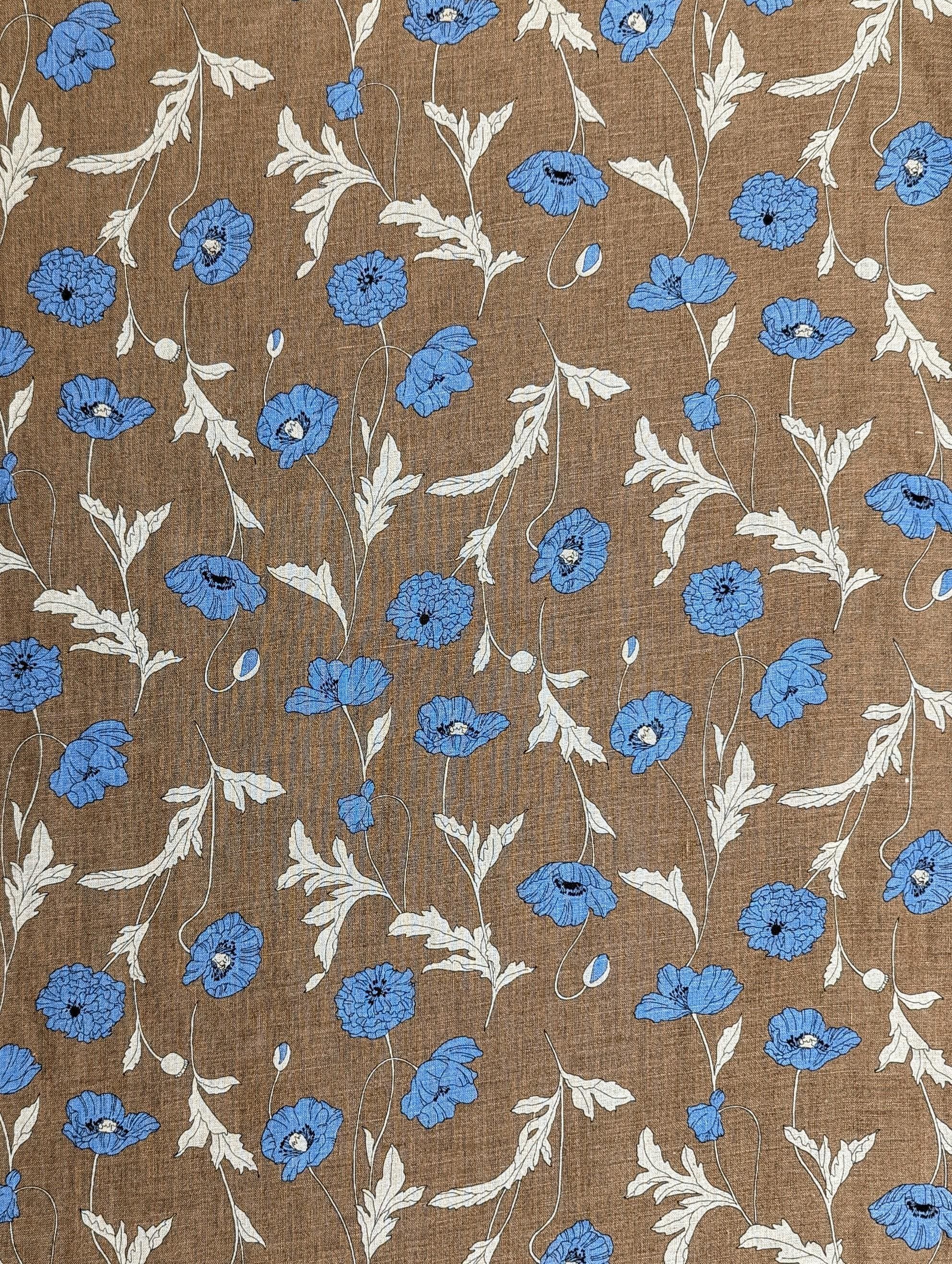 Hokkoh - Summer Poppies Linen Fabric - Brown and Blue